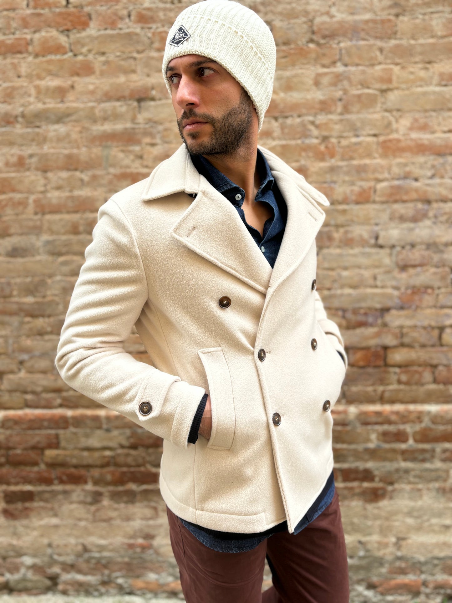Loft88 Cappotto doppiopetto bottoni a contrasto PANNA