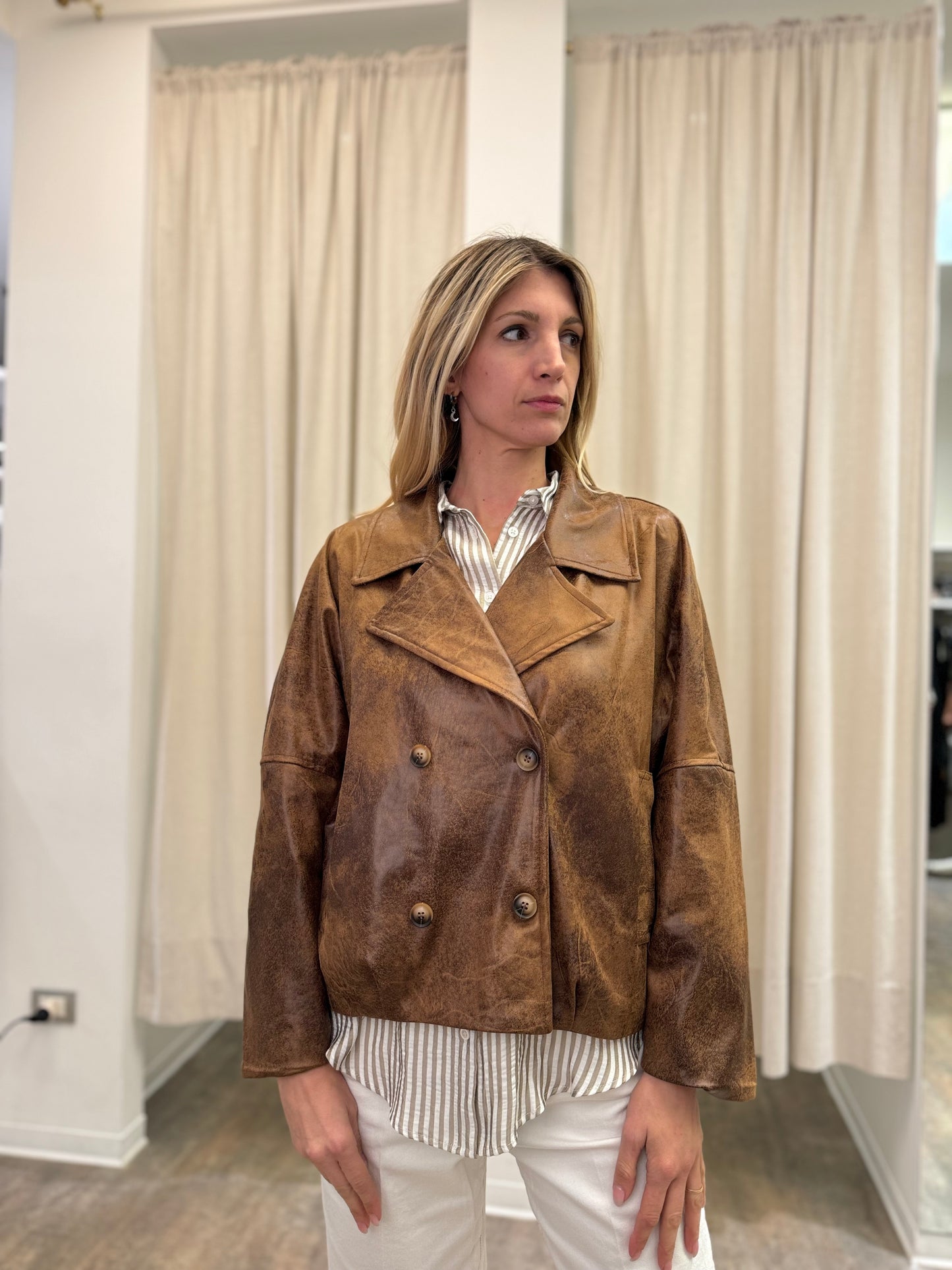 Haveone giubbino doppiopetto ecopelle martellato over MARRONE