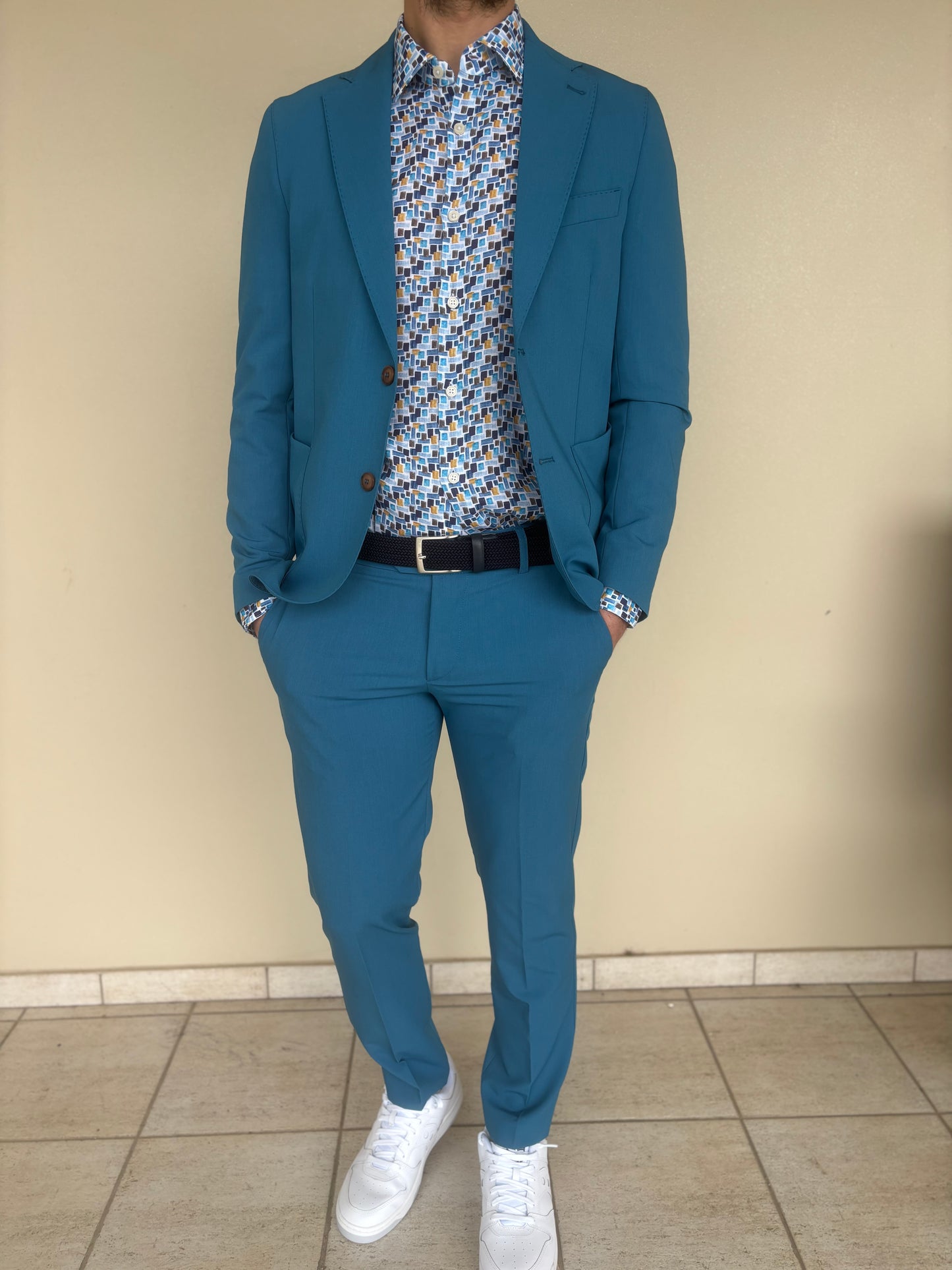 Bastoncino Camicia fantasia azzurra base BIANCO