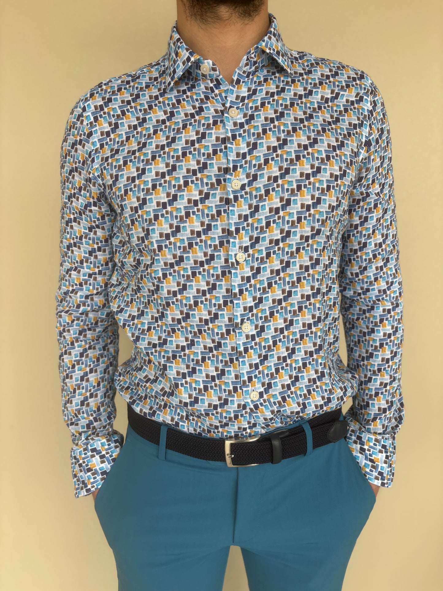 Bastoncino Camicia fantasia azzurra base BIANCO