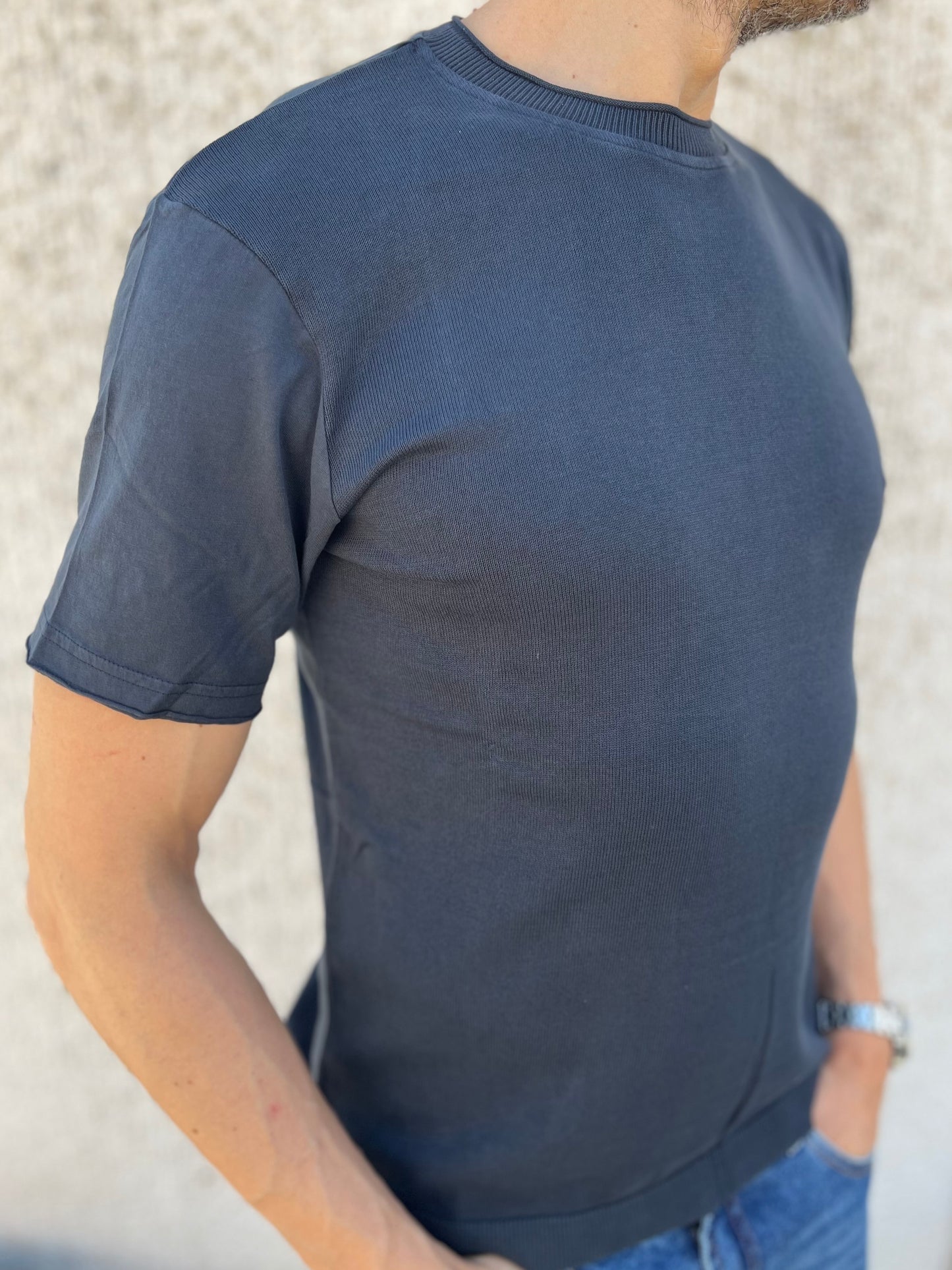 loft88 maglia manica corta in filo di cotone schiena liscia BLU