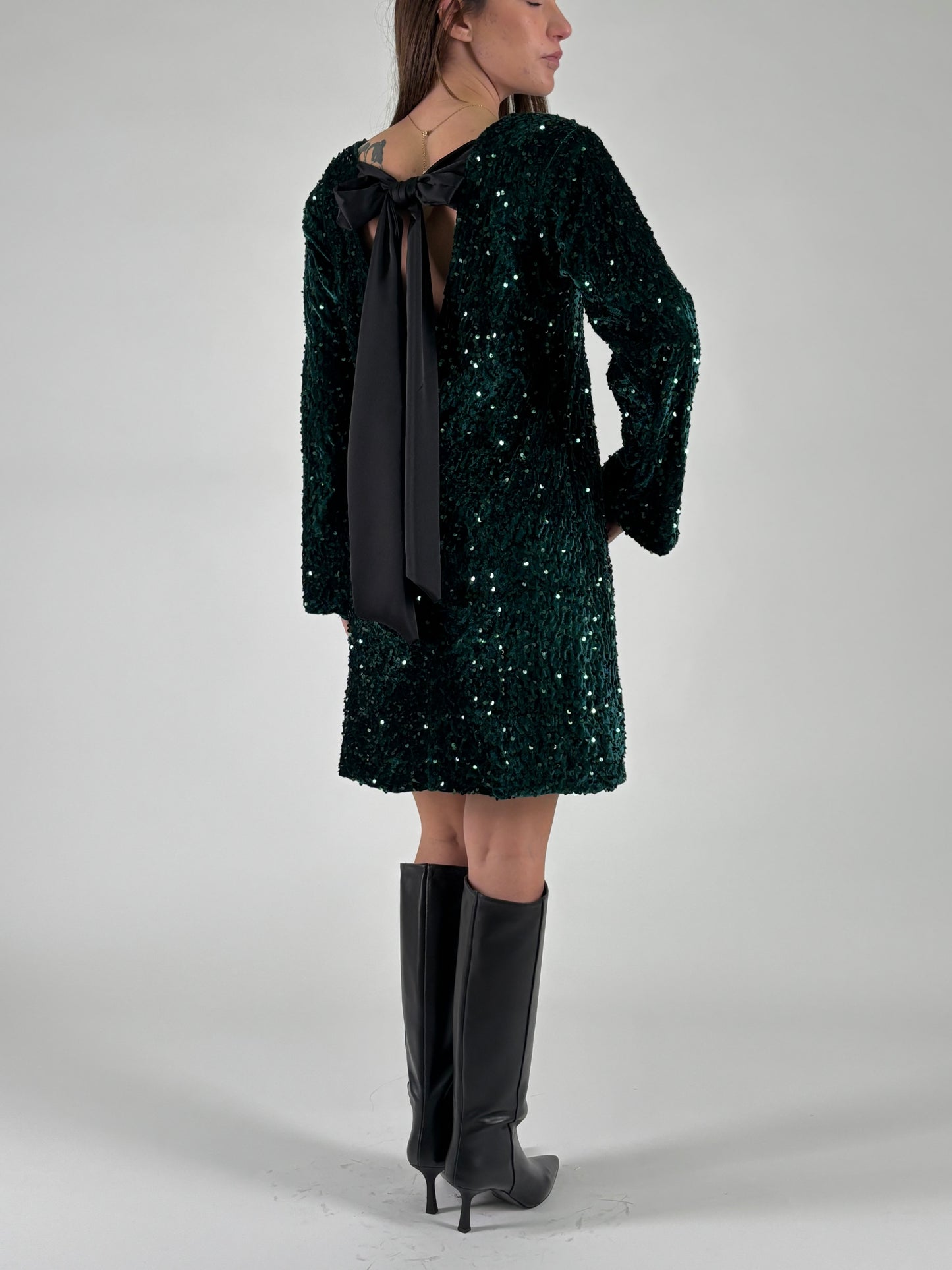 Aglaea Abito corto girocollo ml in paillettes verdi VERDE