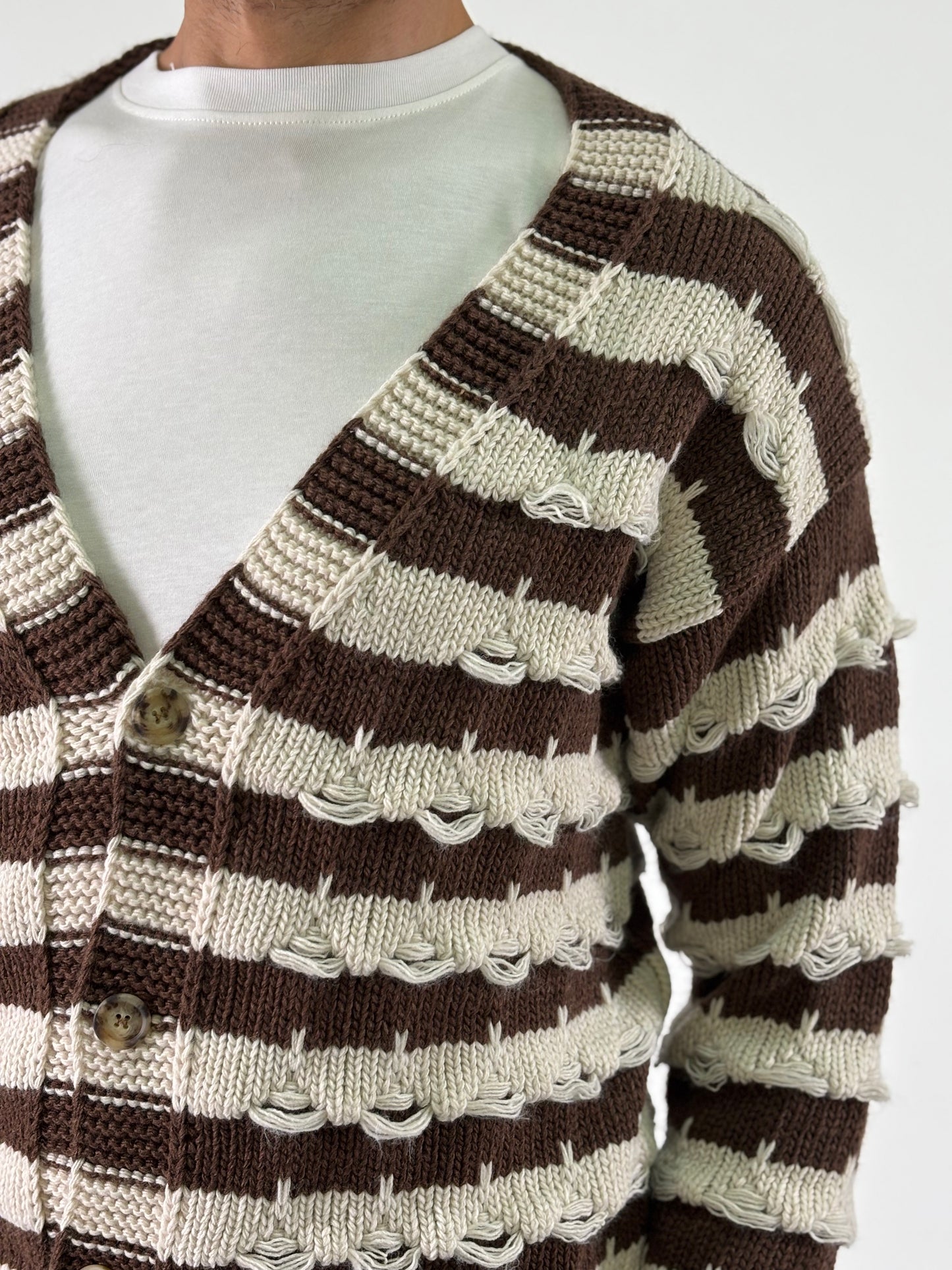 Berna Cardigan ml scollo V con fantasia rigata e rammendi BICOLORE