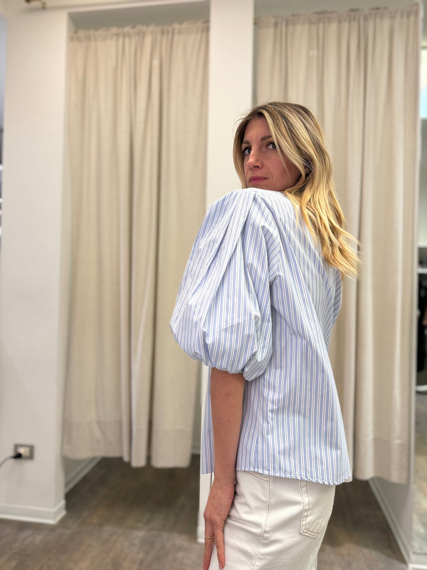 Haveone camicia manica 3/4 arricciata con fiocco RIGATOCELESTE