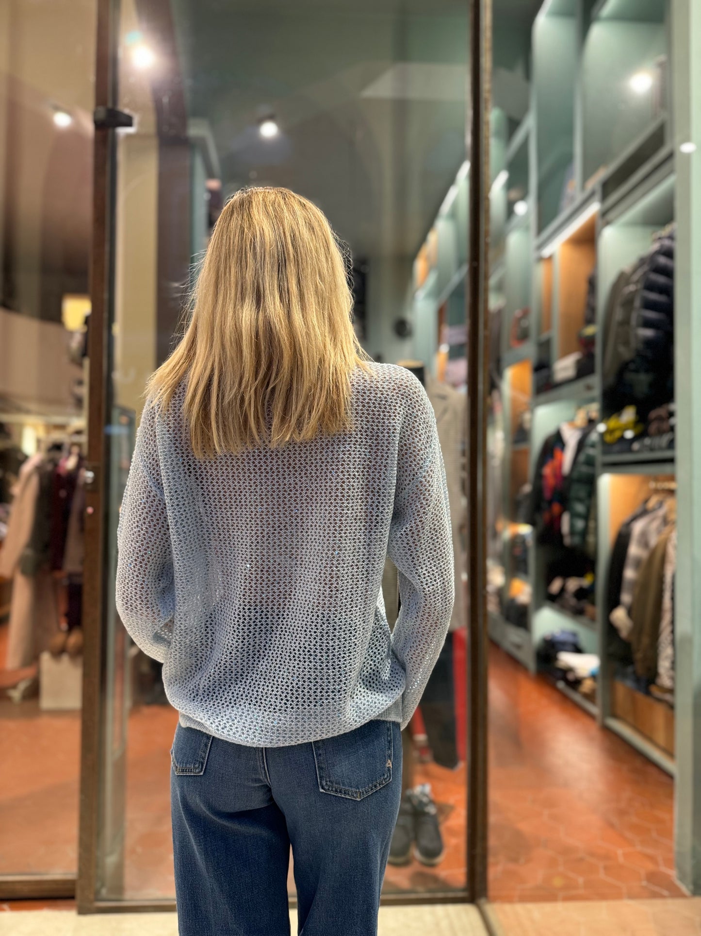 Kocca Maglia girocollo traforata, paillettes CELESTE