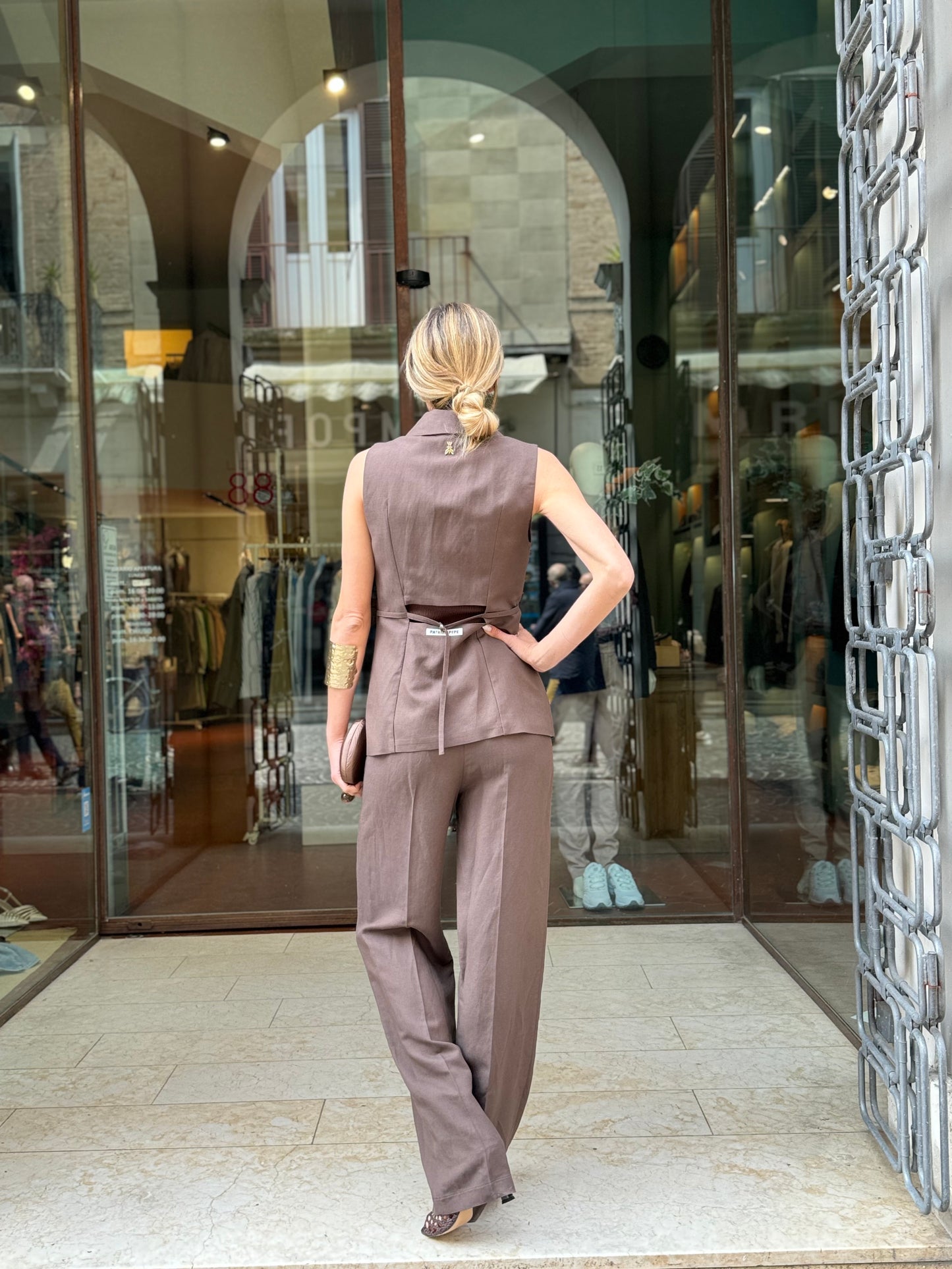 Patrizia Pepe Gilet monopetto misto lino MARRONE