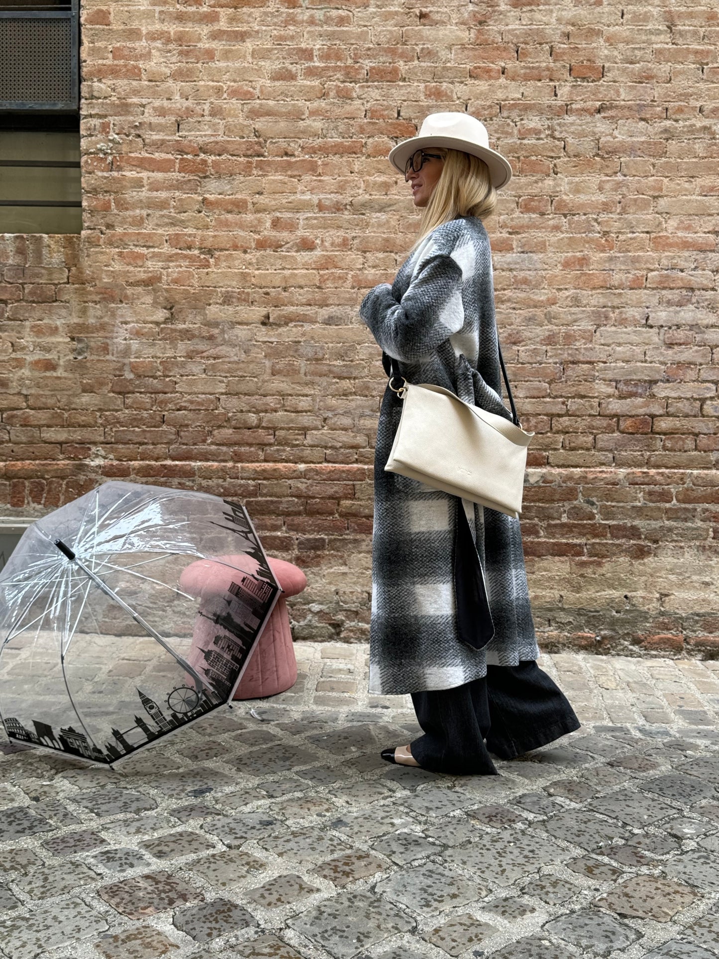 Merci Cappotto scollo tondo in lana a scacchi BIANCO/NERO