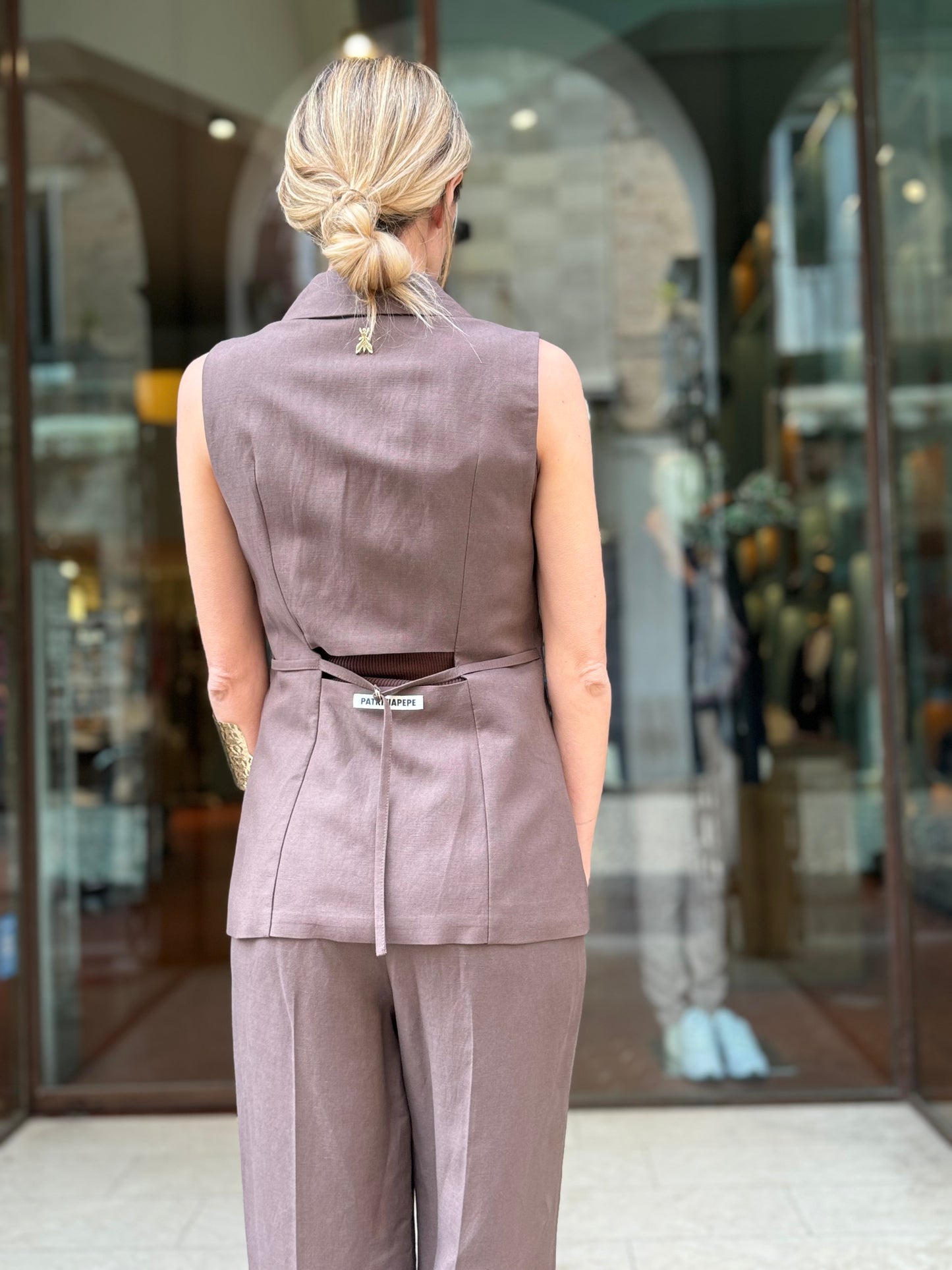 Patrizia Pepe Gilet monopetto misto lino MARRONE