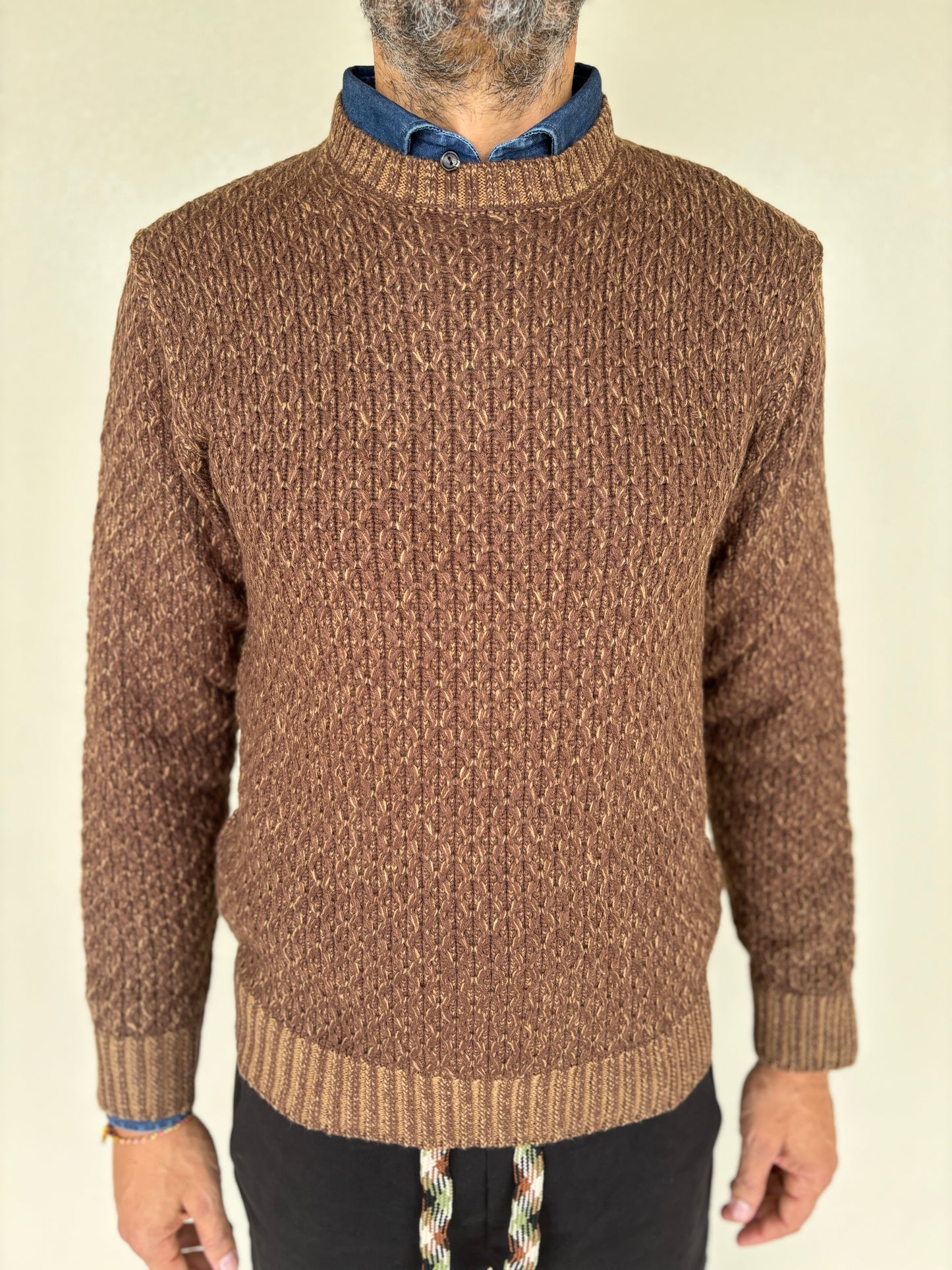 Seinse Maglia girocollo misto lana lavorazione geometrica MARRONE