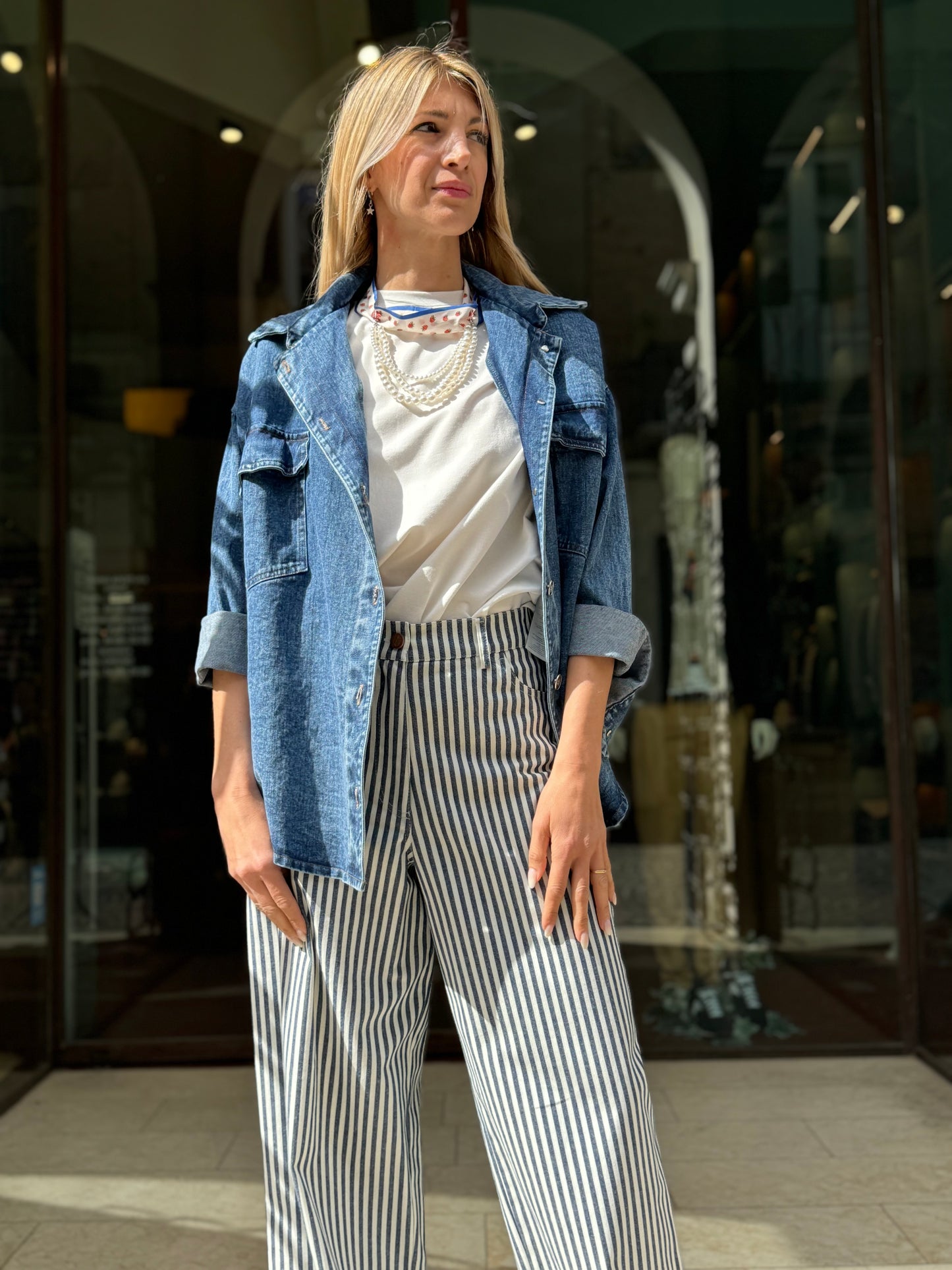 MERCI' pantalone cotone rigato BIA/BLU