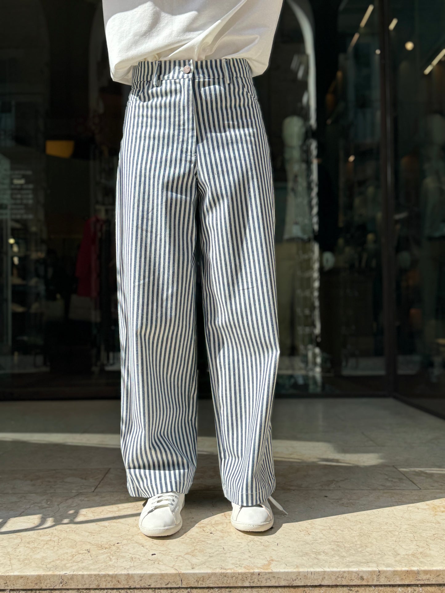 MERCI' pantalone cotone rigato BIA/BLU