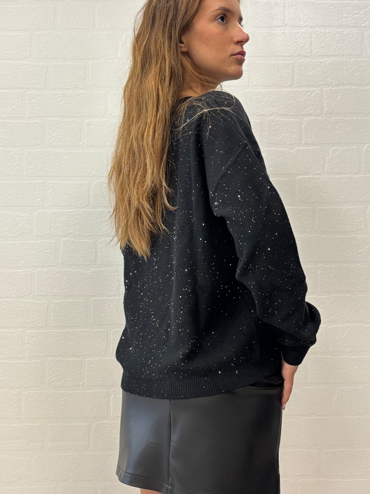 Griffai Maglia over girocollo ml con paillettes argento NERO