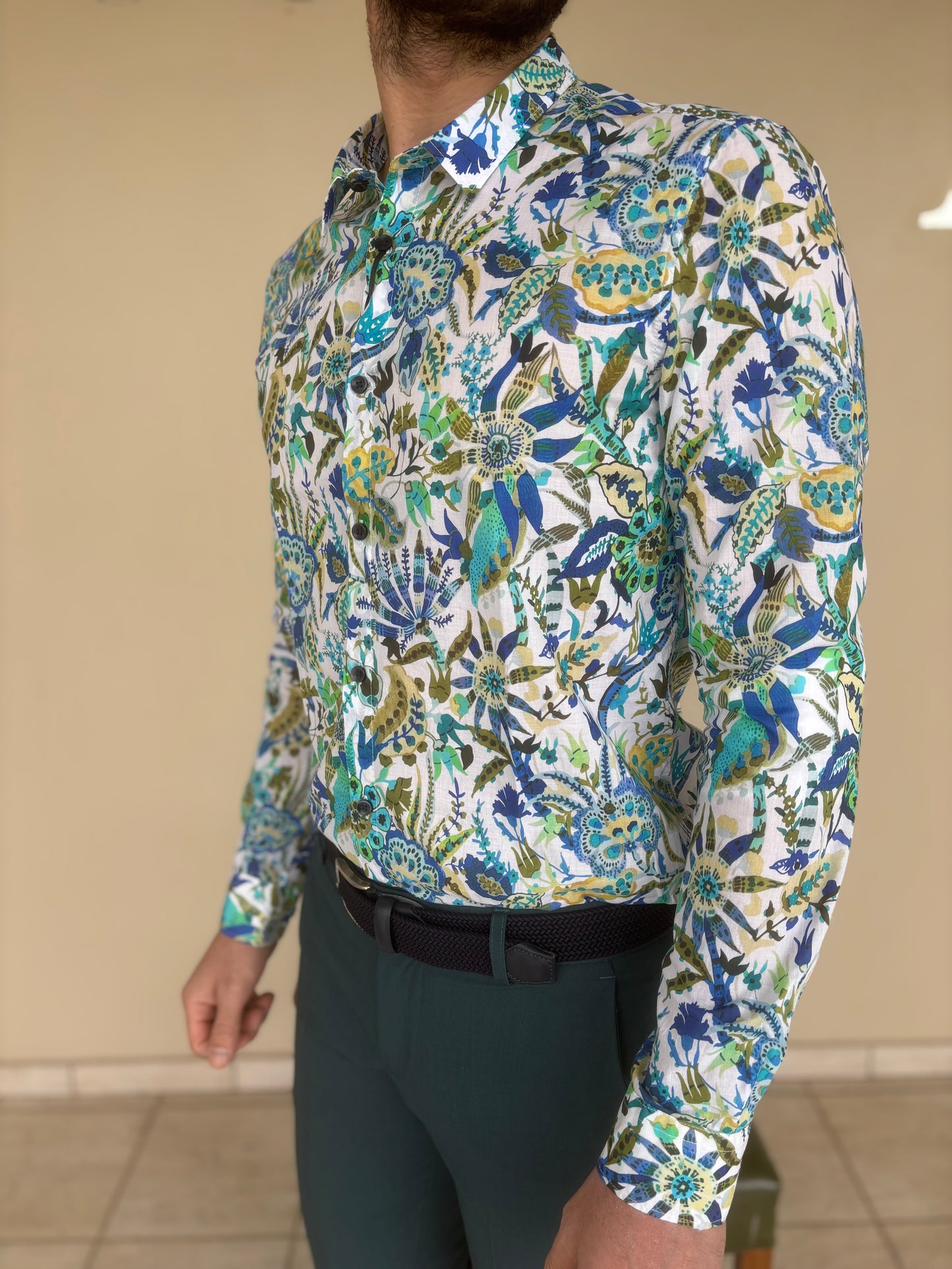 Gianni Lupo Camicia in cotone base BIANCO fantasia floreale BLU/VERDE