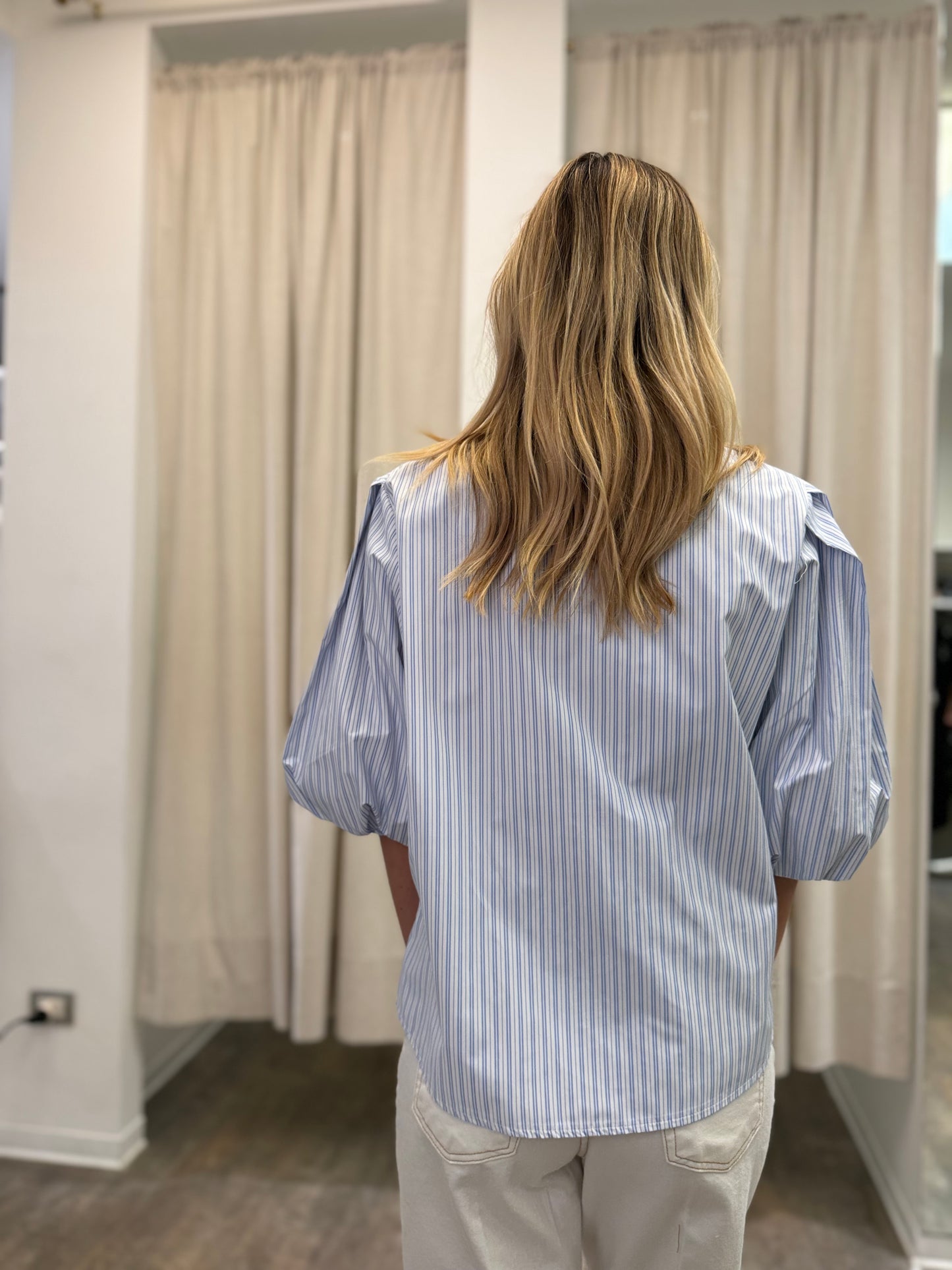 Haveone camicia manica 3/4 arricciata con fiocco RIGATOCELESTE