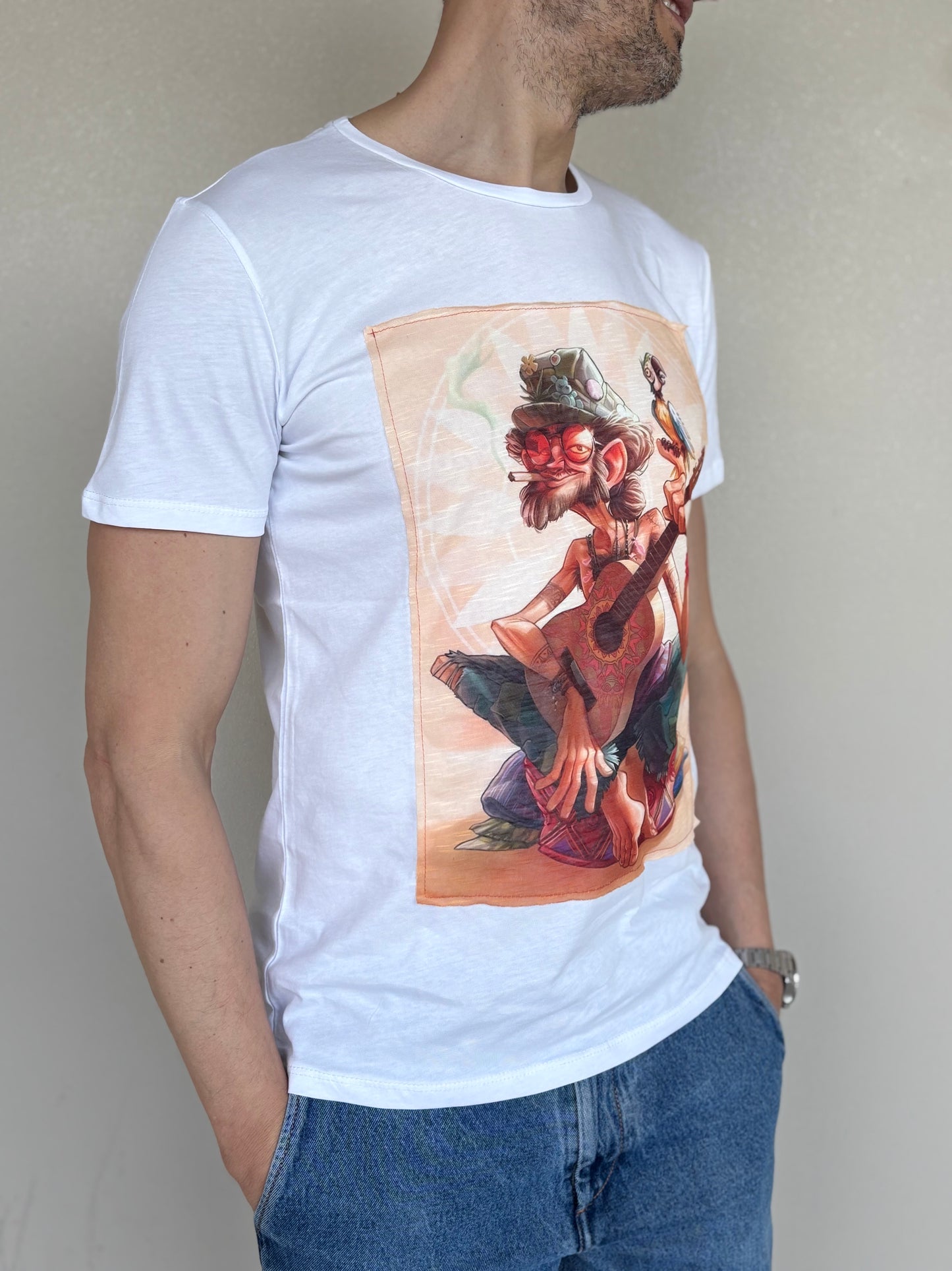 Trepuntonove t-shirt mm uomo con chitarra e sigaretta BIANCO