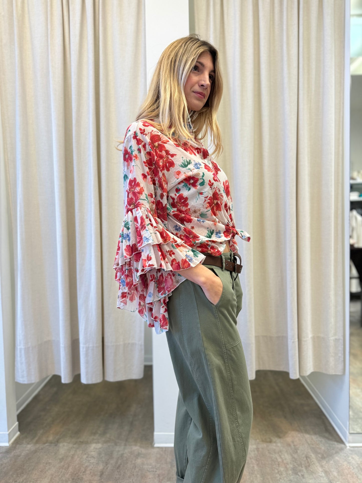 Susy Mix Camicia fant.floreale maniche con rouches BEIGE/ROSSO