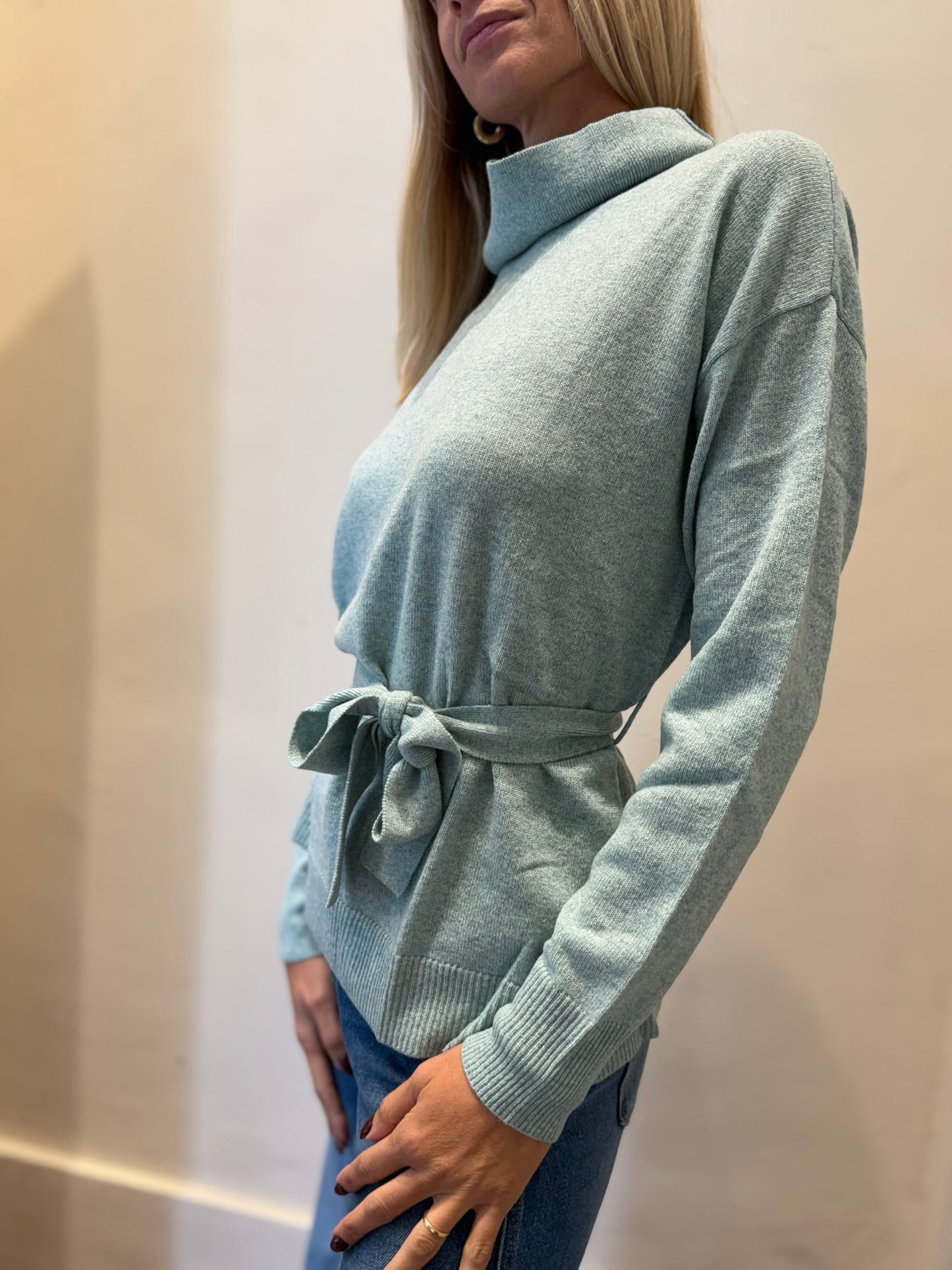 Kocca Maglia collo alto over con cintura VERDE ACQUA glitterato