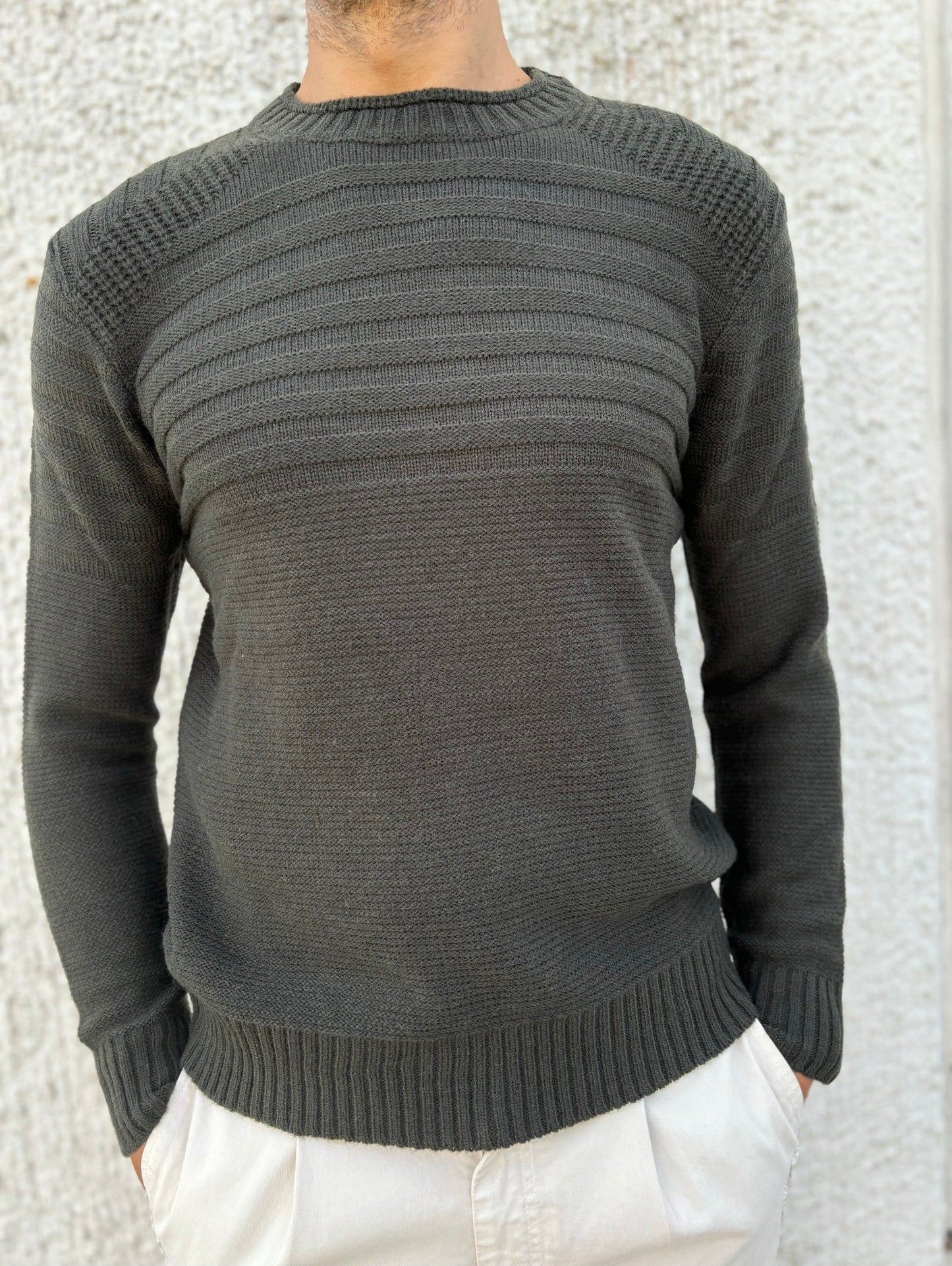 Loft88 Maglia misto lana girocollo lavorazione a righe in rilievo VERDE MILITARE