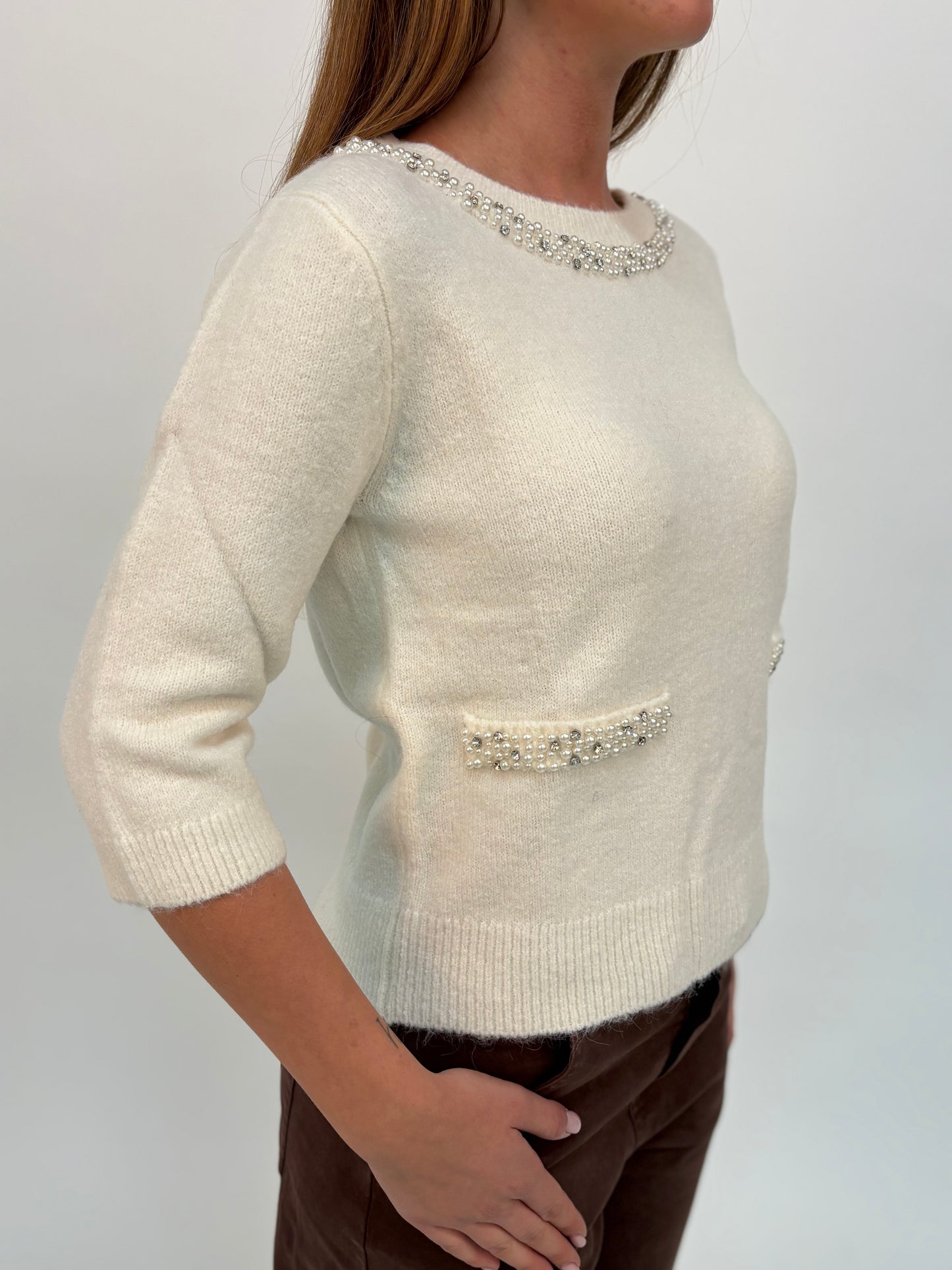 Kocca Maglia m/l girocollo perle strass PANNA