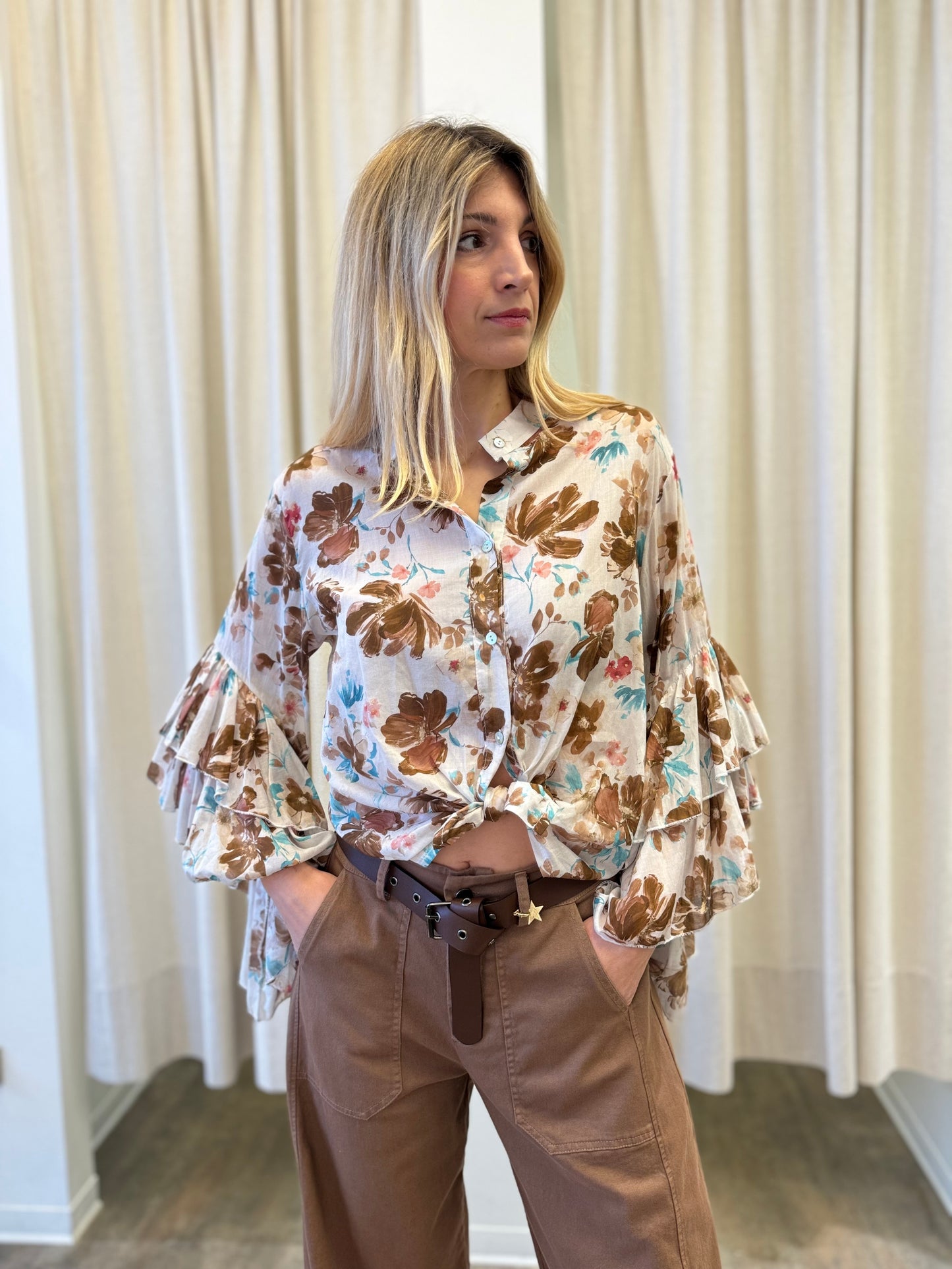 Susy Mix Camicia fant.floreale maniche con rouches BEIGE/TABACCO
