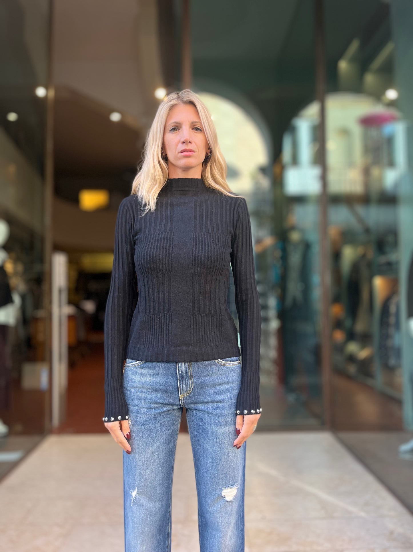 Patrizia Pepe Maglia mezzo collo a coste, appl borchie nei polsi NERO