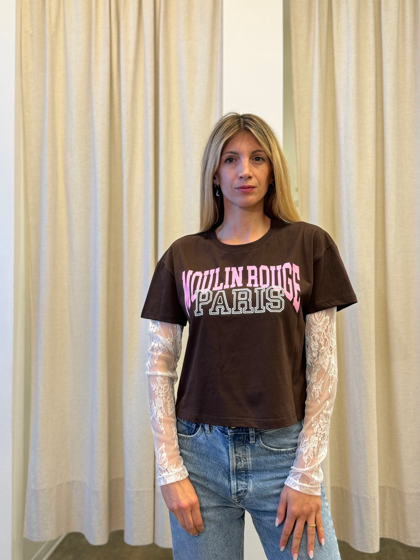 Susy Mix T-shirt "Moulin Rouge" con m/pizzo MARRONE