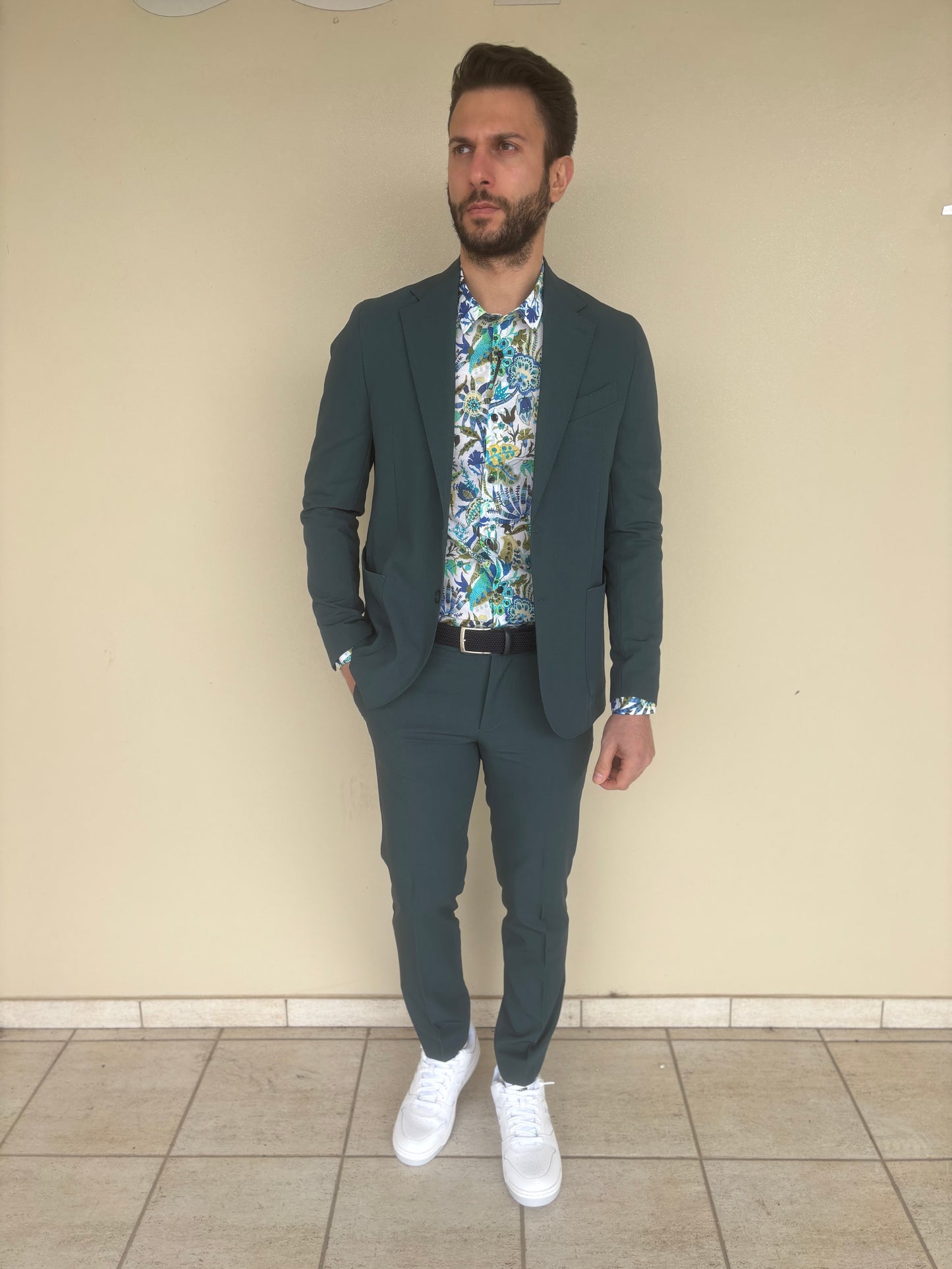 Gianni Lupo Camicia in cotone base BIANCO fantasia floreale BLU/VERDE