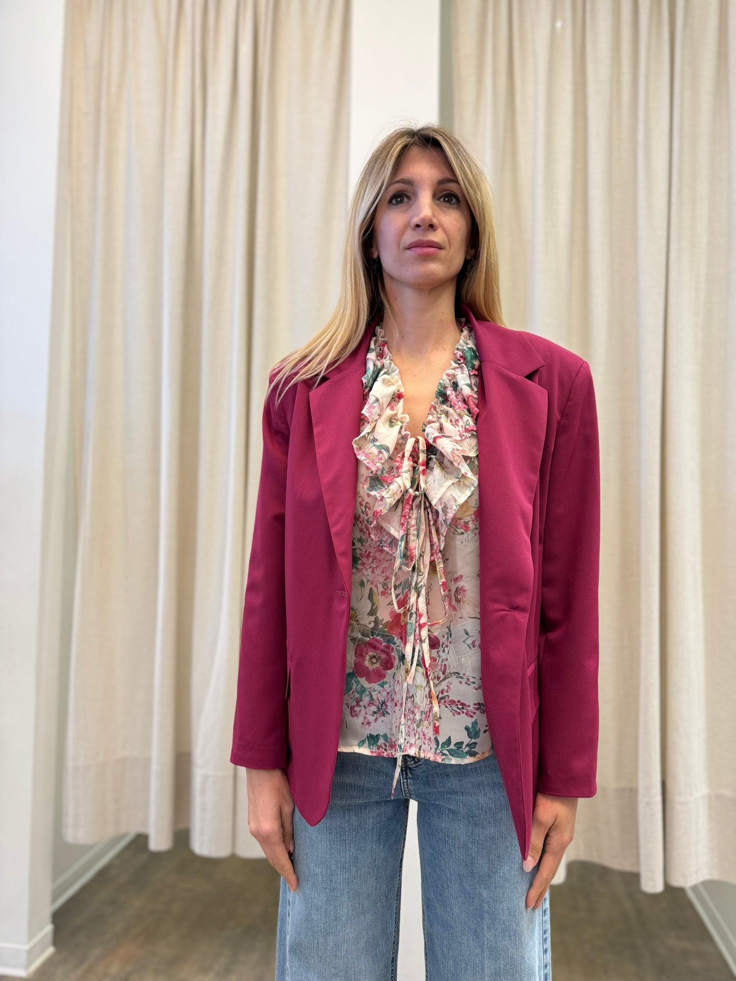 Susy Mix Blusa con rouches fantasia floreale BEIGE/FUCSIA