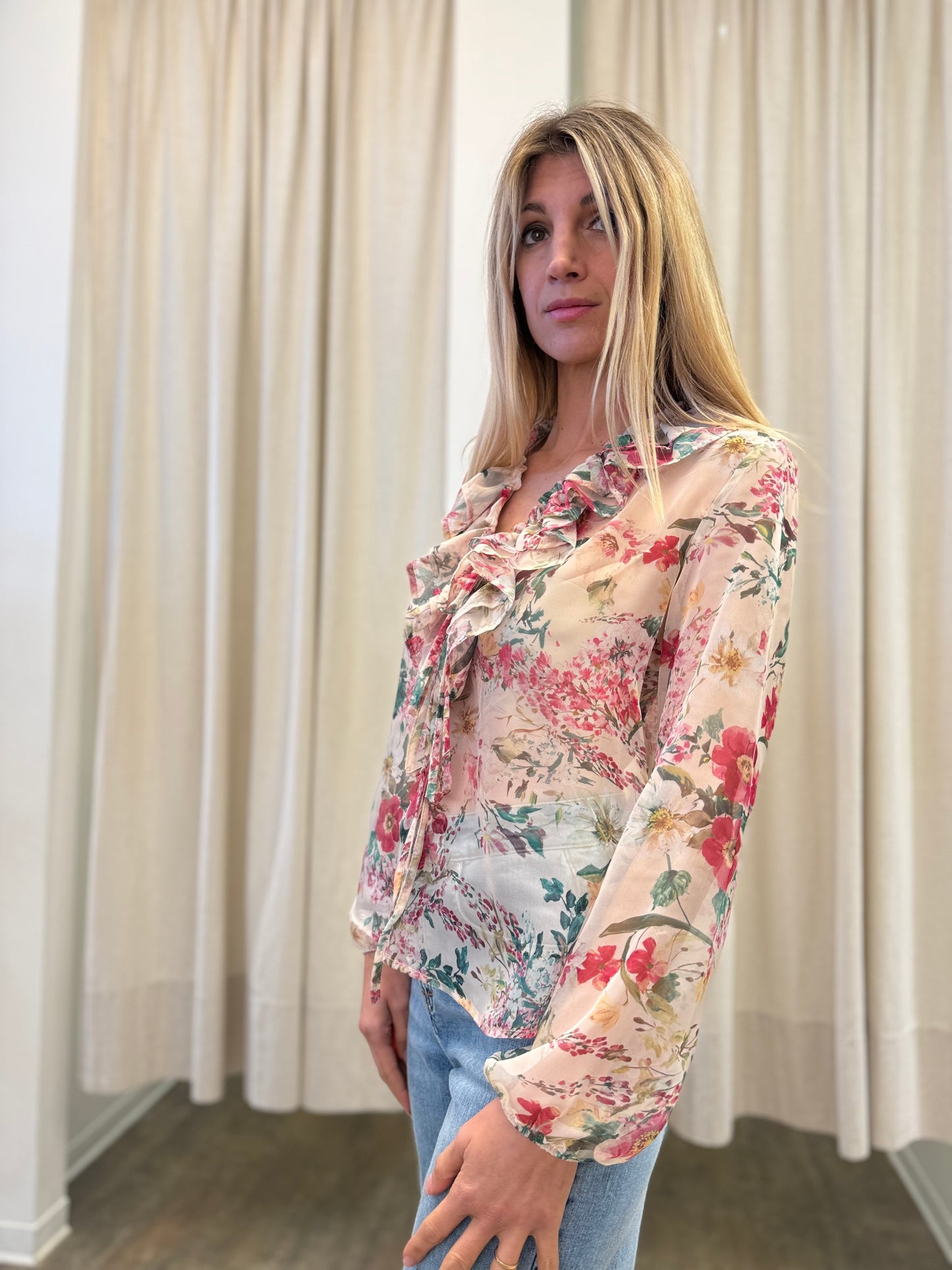 Susy Mix Blusa con rouches fantasia floreale BEIGE/FUCSIA