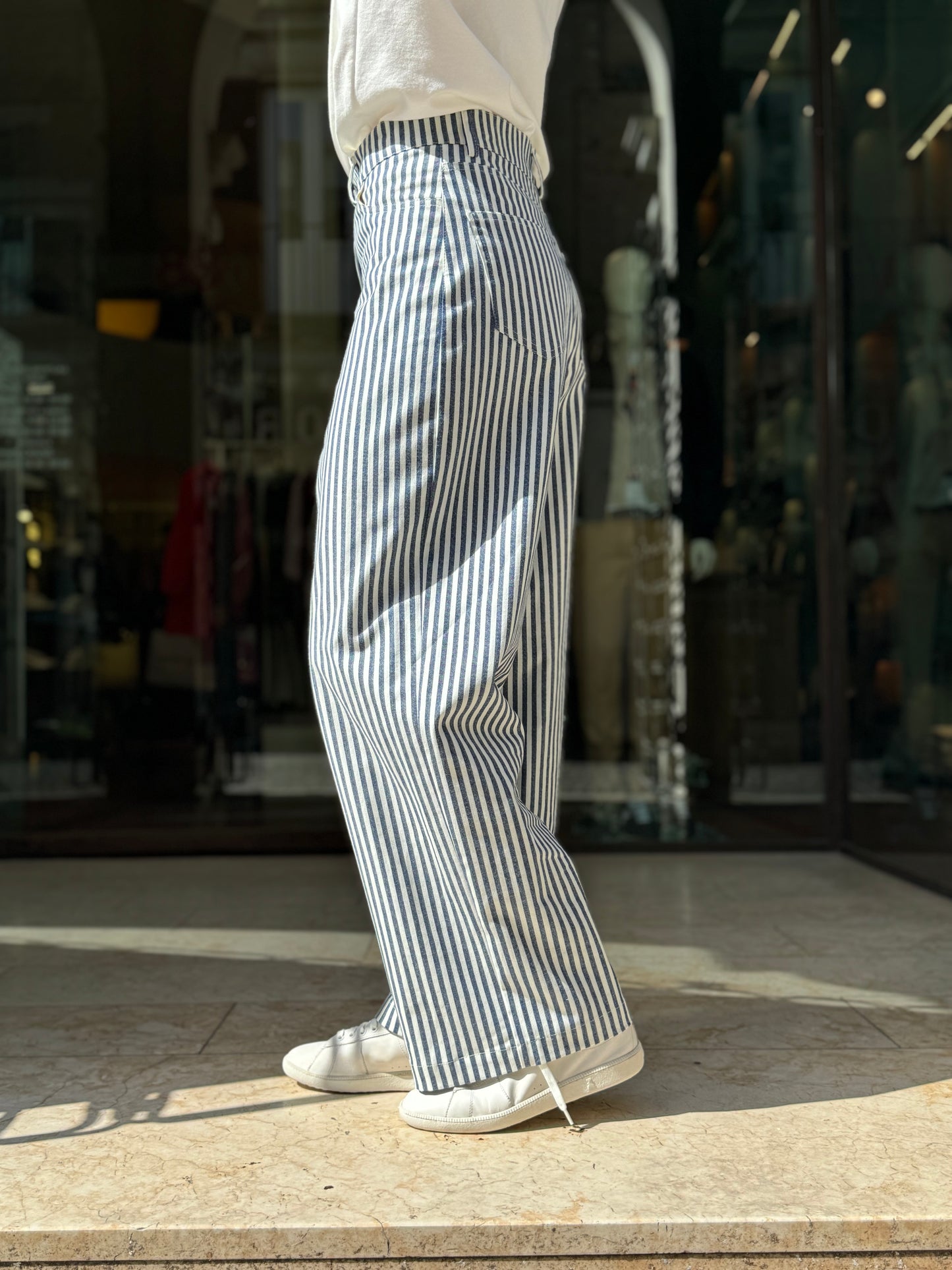 MERCI' pantalone cotone rigato BIA/BLU