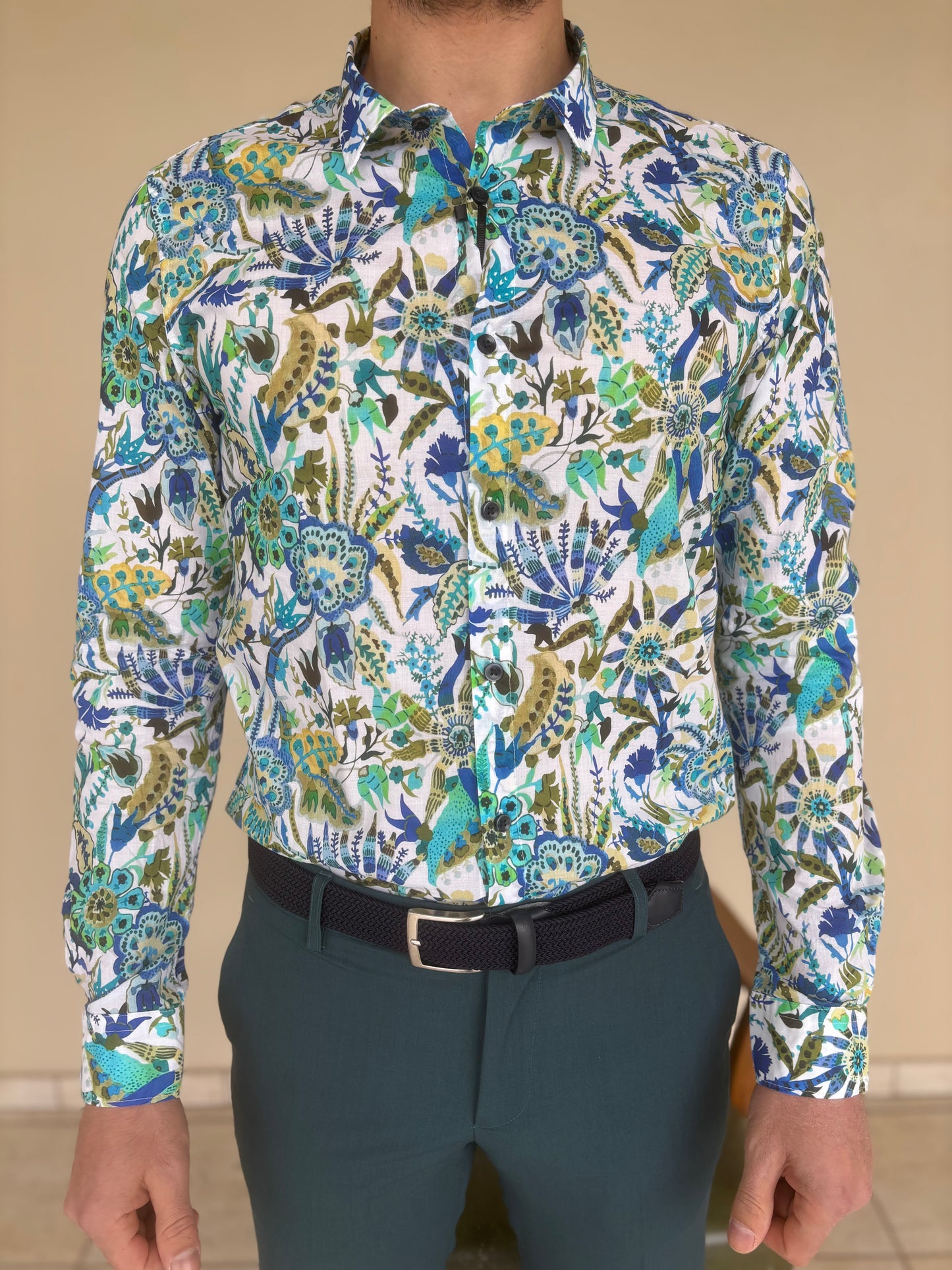Gianni Lupo Camicia in cotone base BIANCO fantasia floreale BLU/VERDE