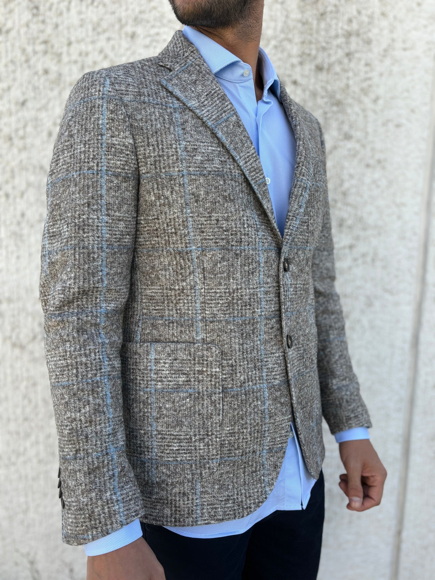 Loft88 Giacca lana/cotone scacco GRIGIO/CELESTE