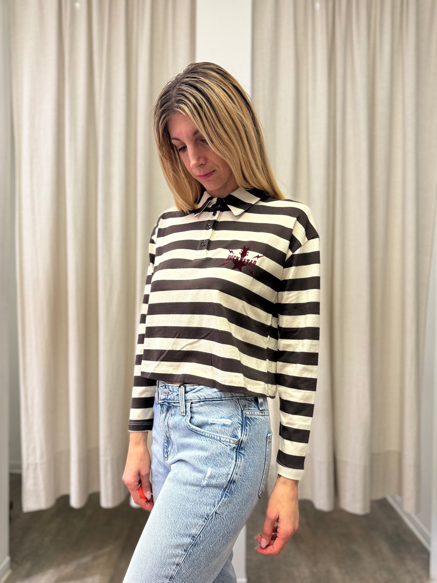 Susy Mix Polo manica lunga a righe MARRONE/PANNA