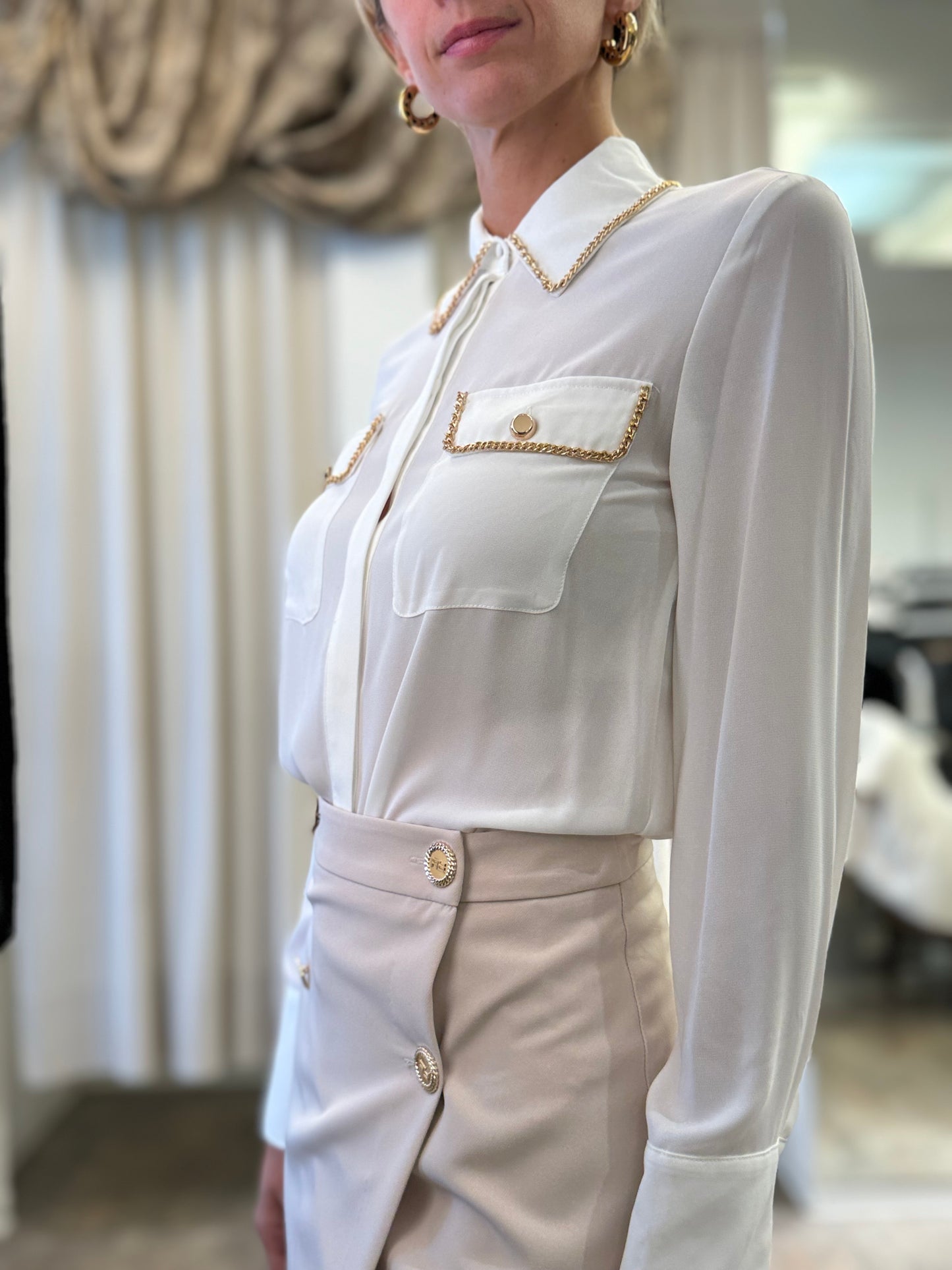 Relish Camicia m/lunga con tasche più patte e profili catena BIANCO