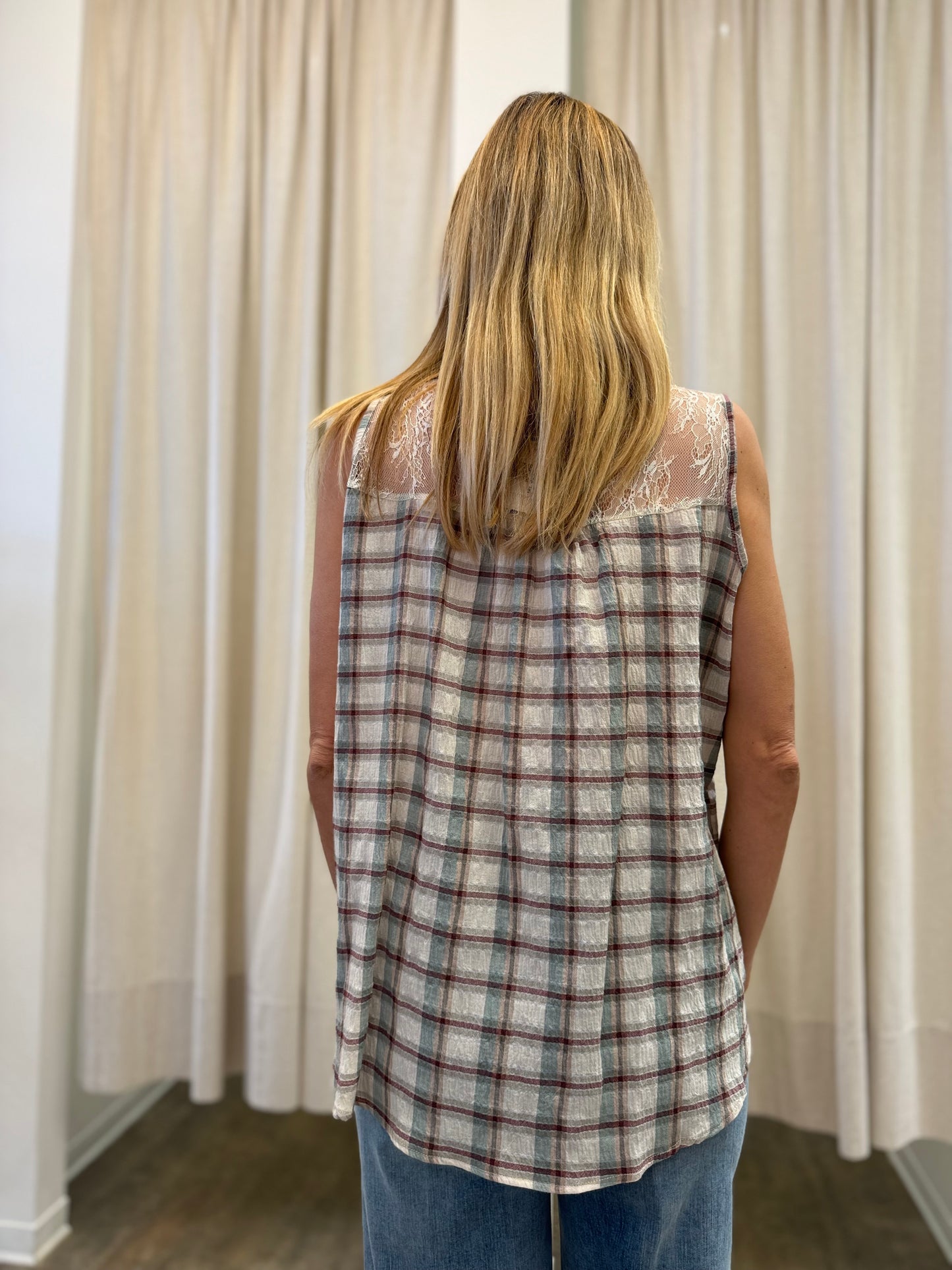 Susy Mix Camicia a quadri con pizzi VERDE SALVIA/BEIGE