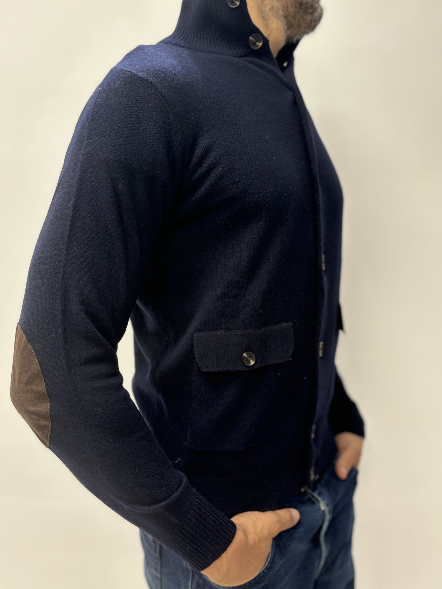 Loft88 giacca-maglia bottoni misto cashmere con toppe BLU