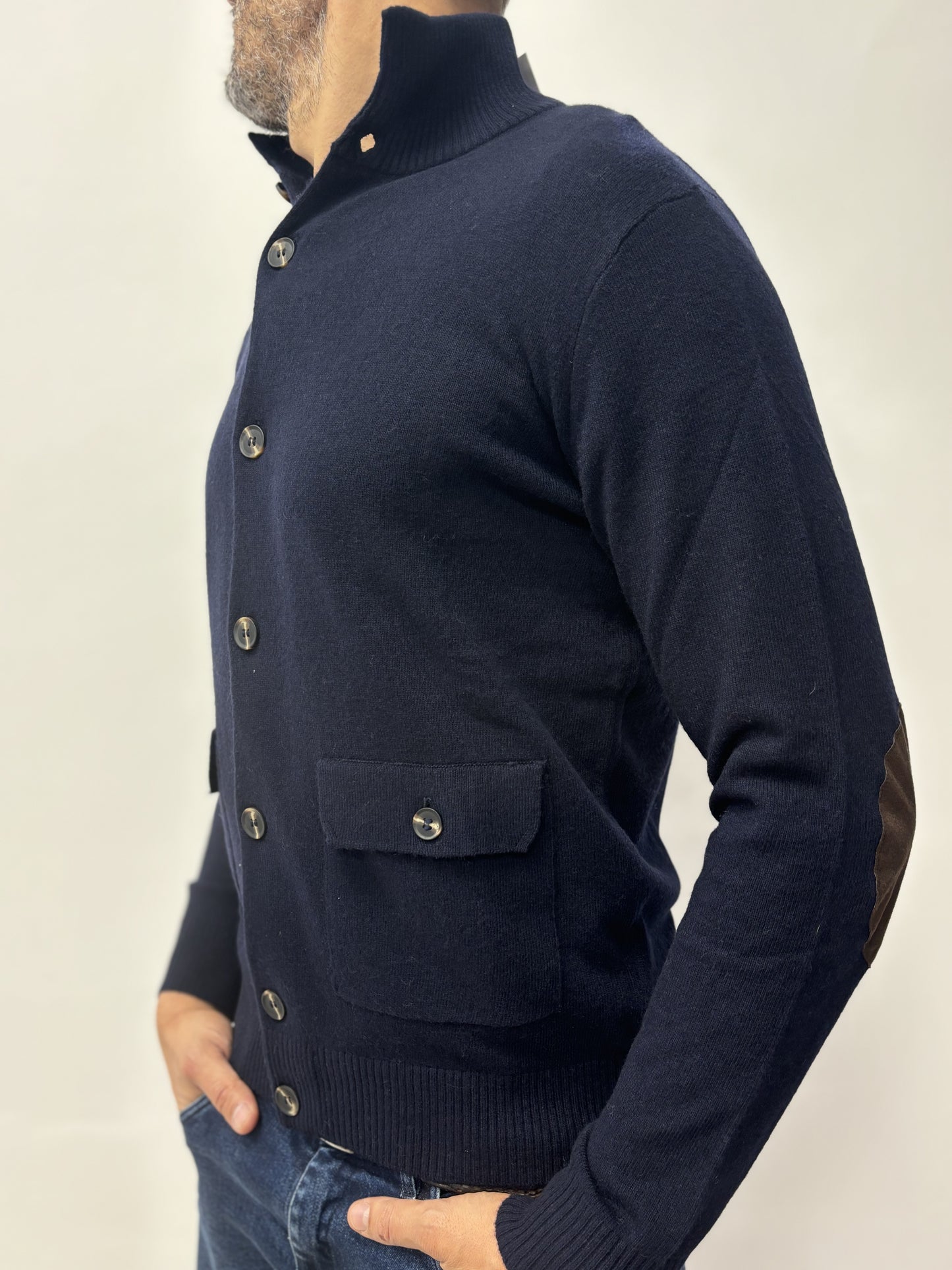 Loft88 giacca-maglia bottoni misto cashmere con toppe BLU