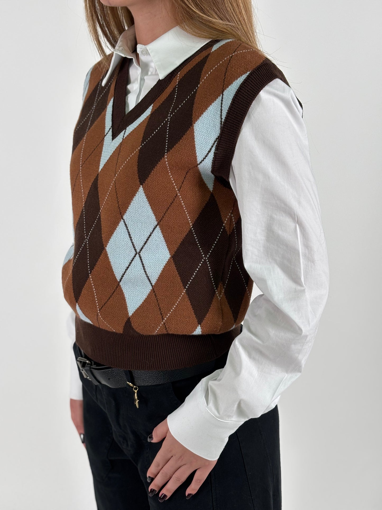 Susy Mix Gilet a rombi V CELESTE/MARRONE/CAMMELLO