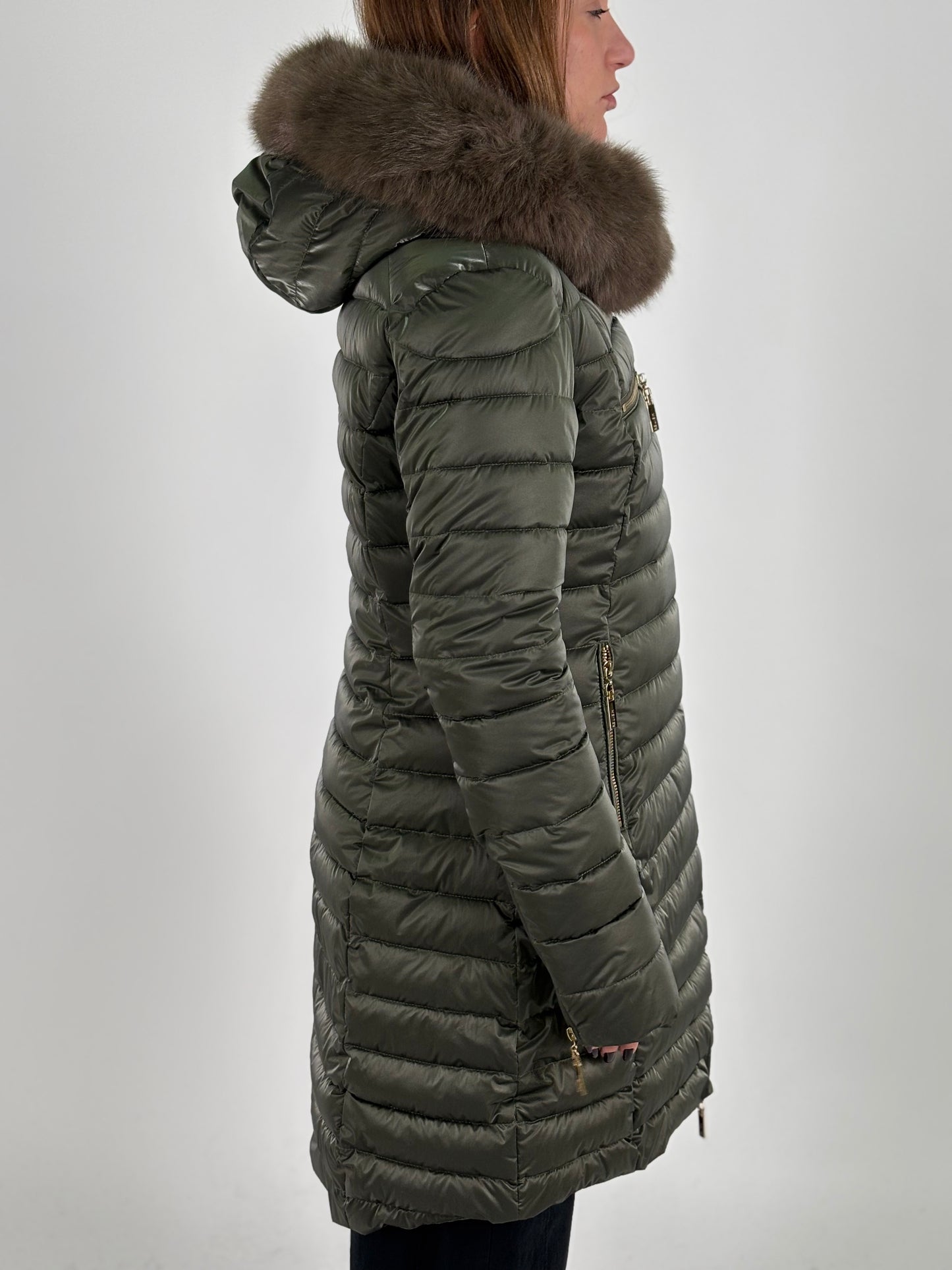 Relish Piumino lungo effetto satin con cappuccio VERDE