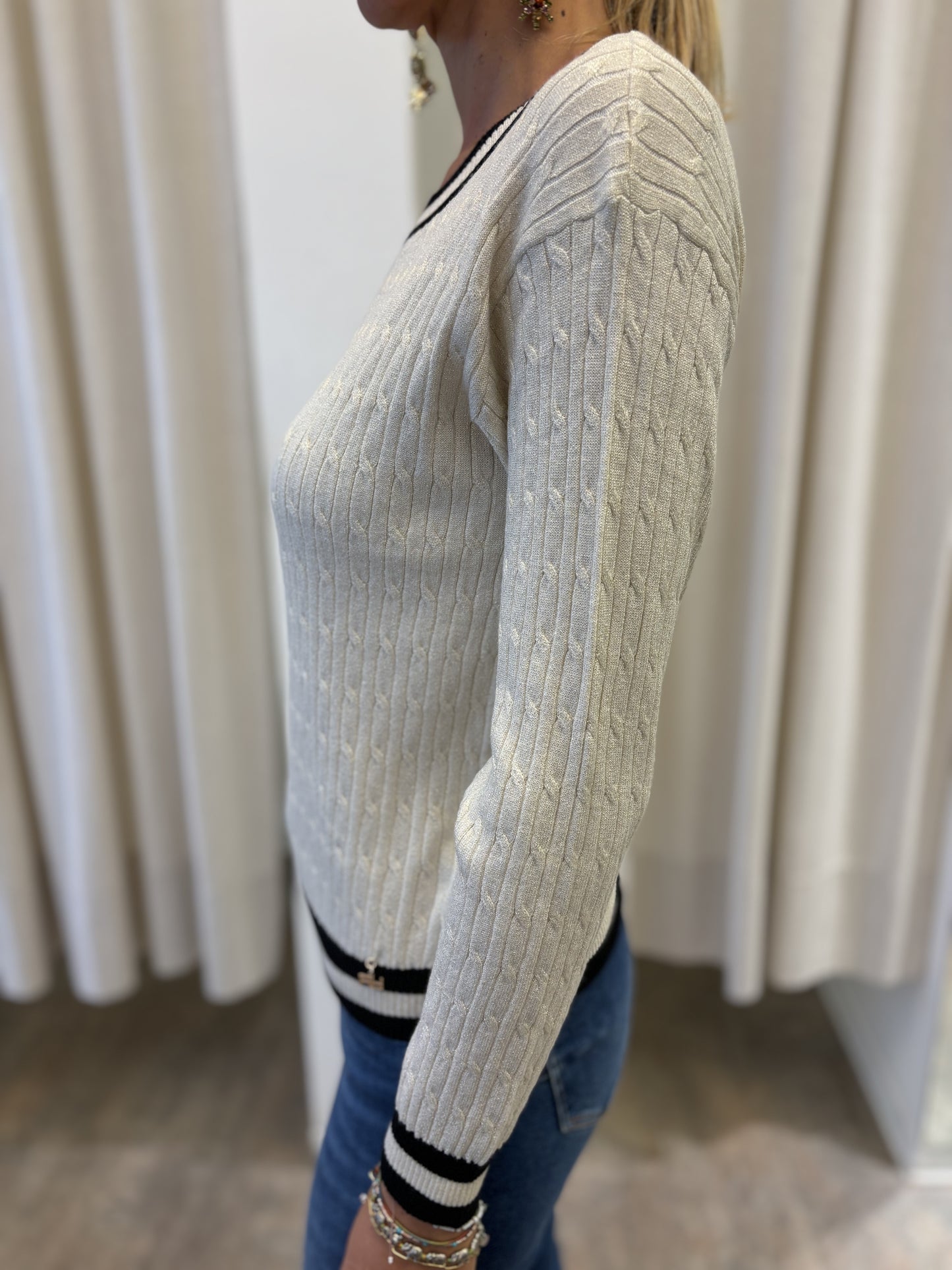 Artigli Maglia girocollo m/l con bordi a contrasto e a coste AVORIO/NERO