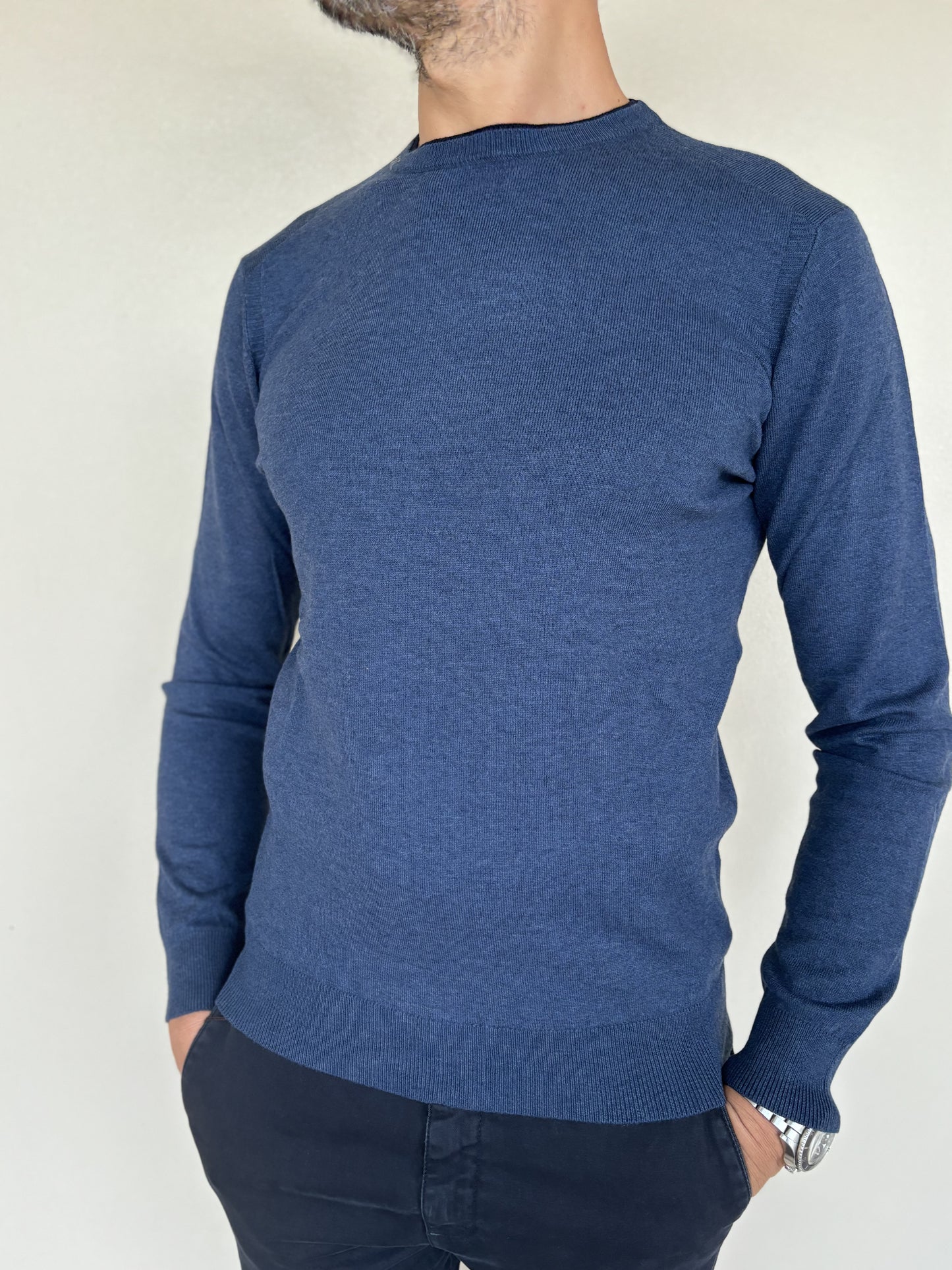 Loft88 maglia girocollo bordo sul collo e toppe a righe BLU DENIM