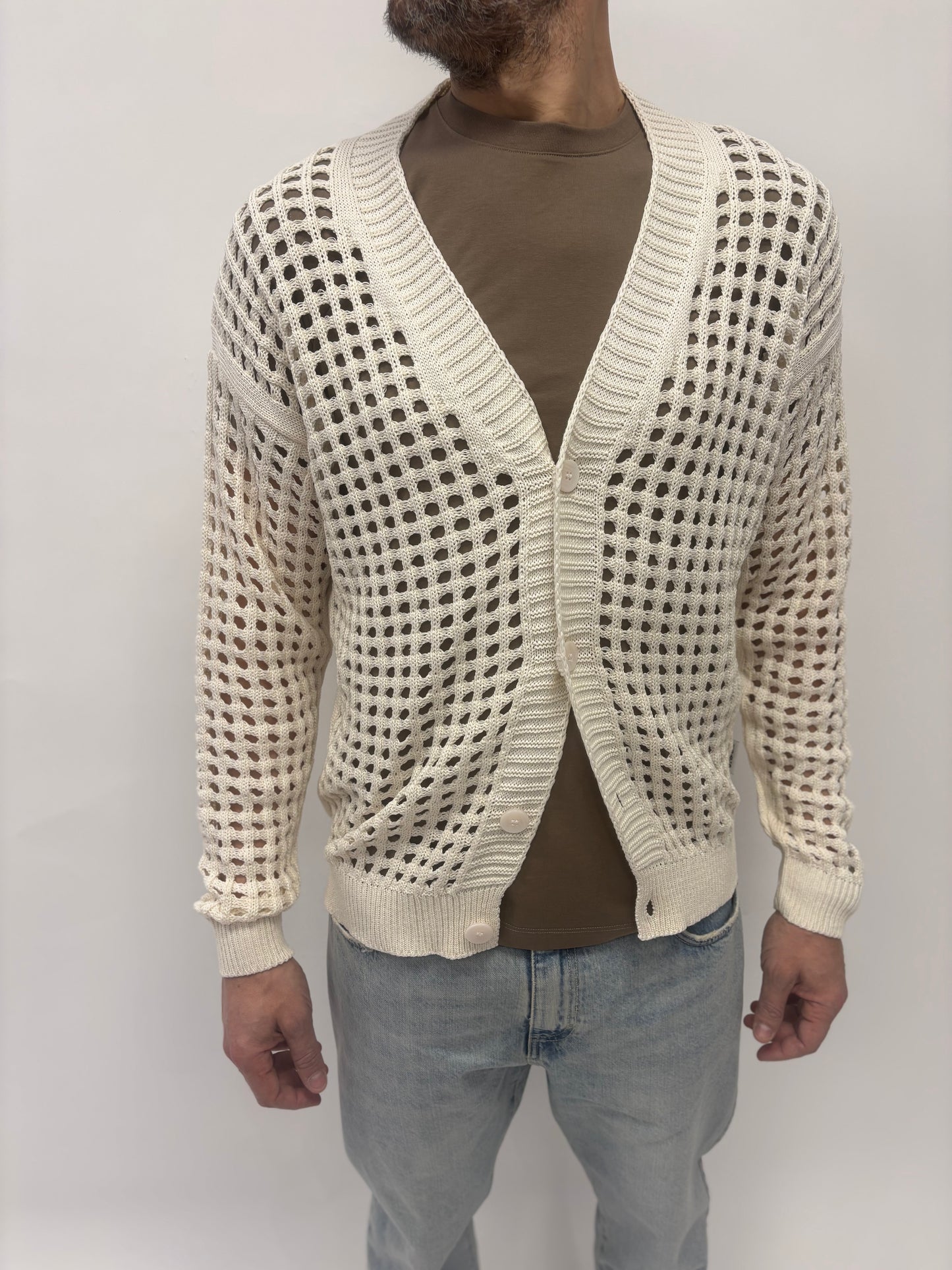 Berna Cardigan monopetto punto rete PANNA