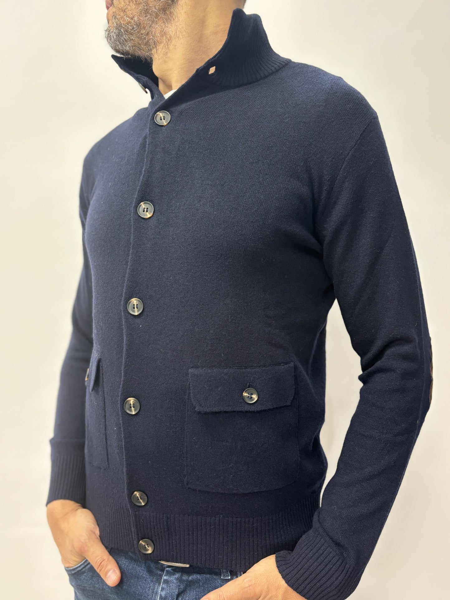 Loft88 giacca-maglia bottoni misto cashmere con toppe BLU