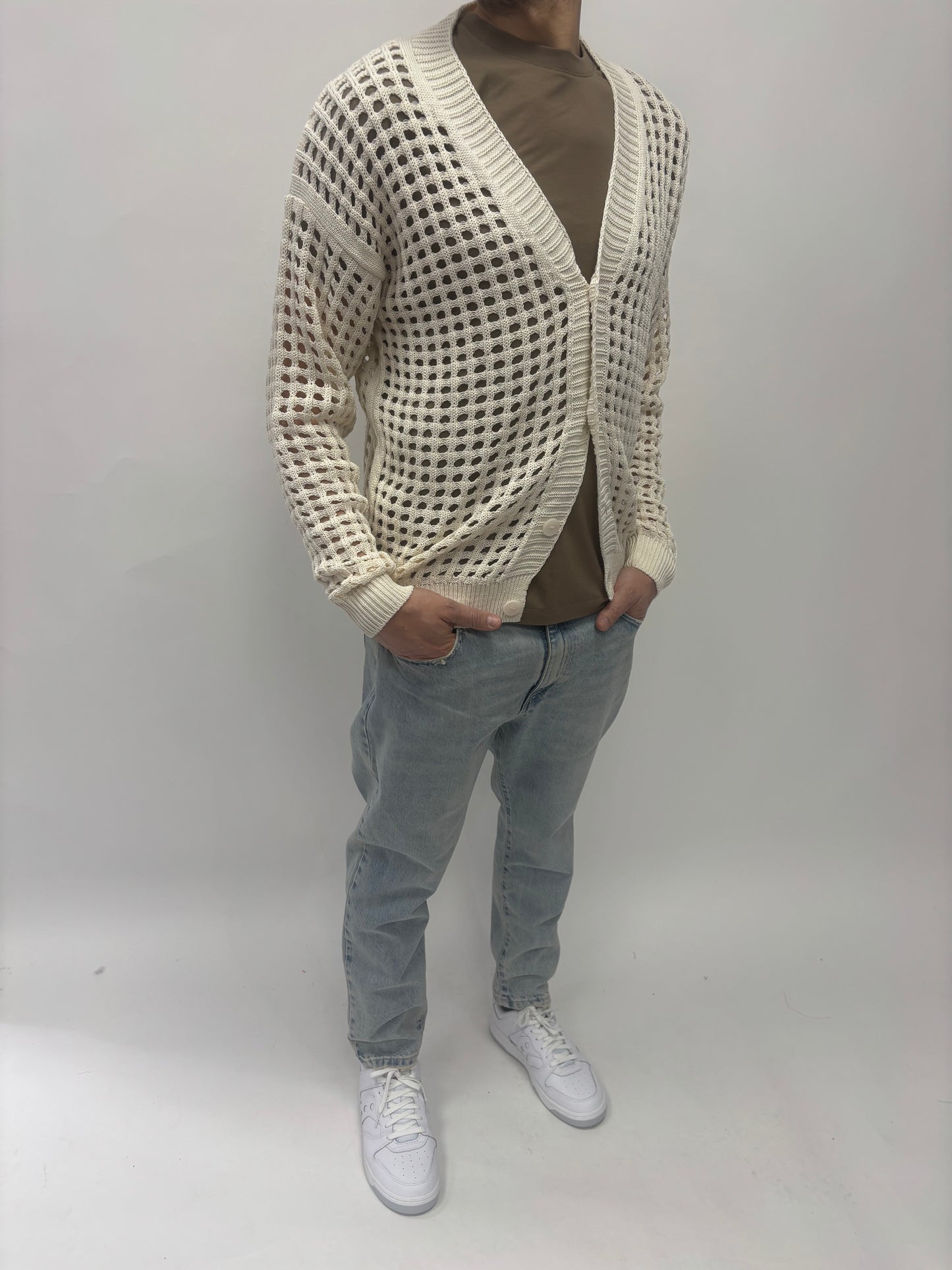 Berna Cardigan monopetto punto rete PANNA