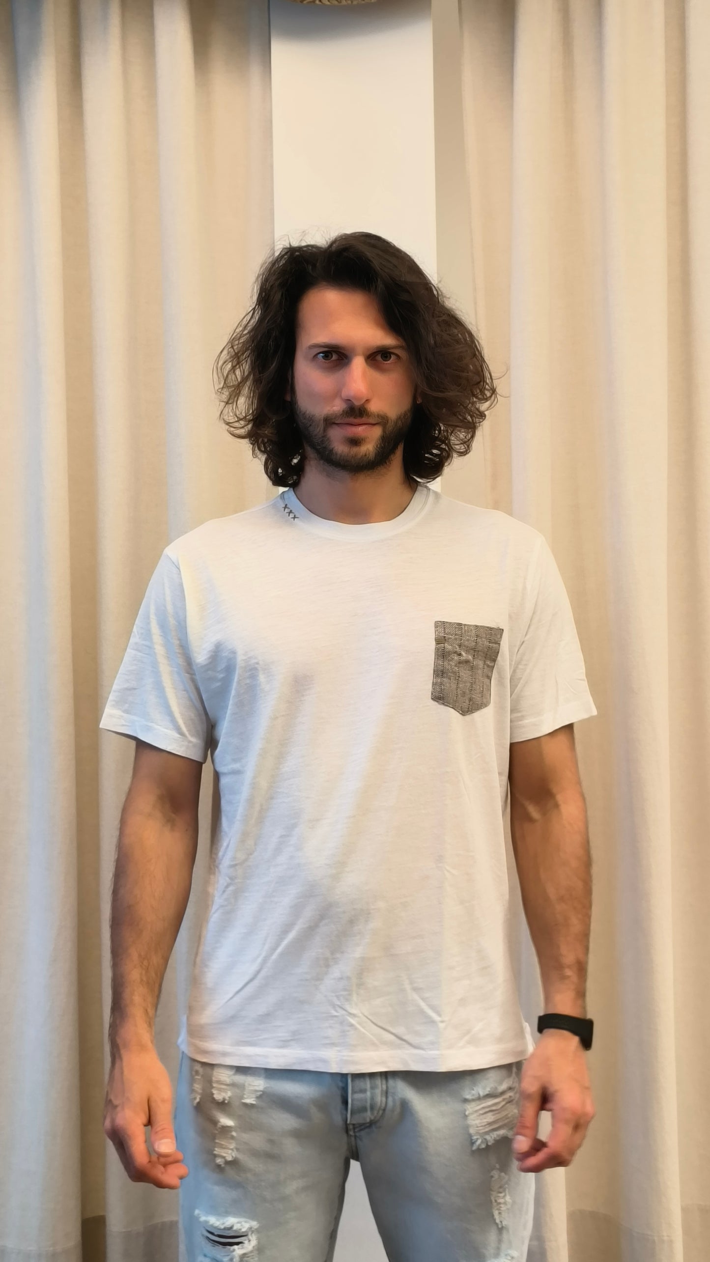 Loft88 t-shirt mm taschino yuta a righe beige colore BIANCO