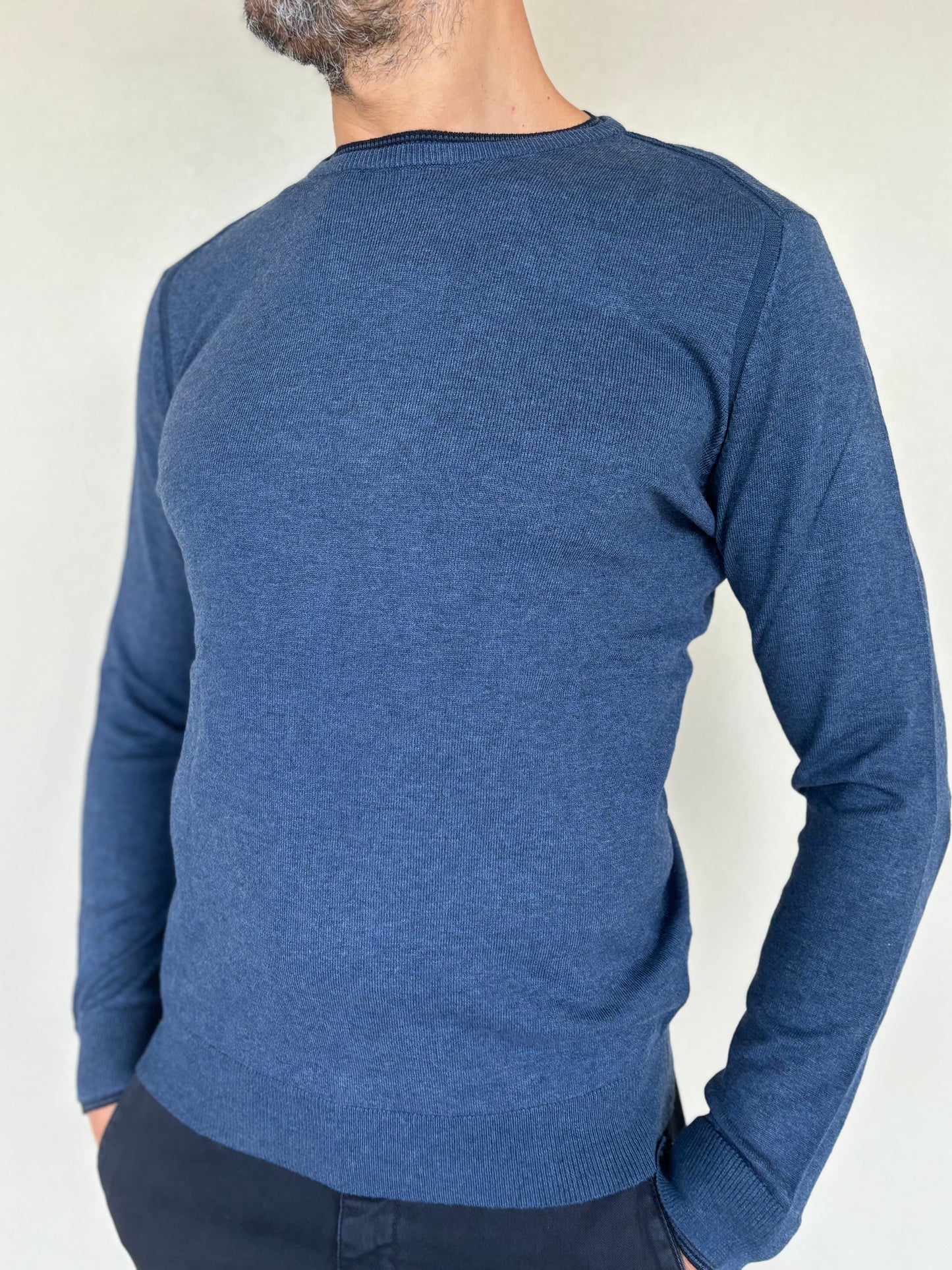 Loft88 Maglia misto lana  girocollo doppio collo con polsini doppi con bottoni BLU DENIM