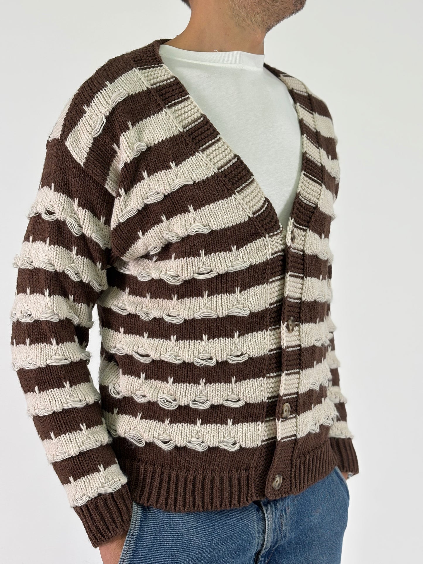 Berna Cardigan ml scollo V con fantasia rigata e rammendi BICOLORE