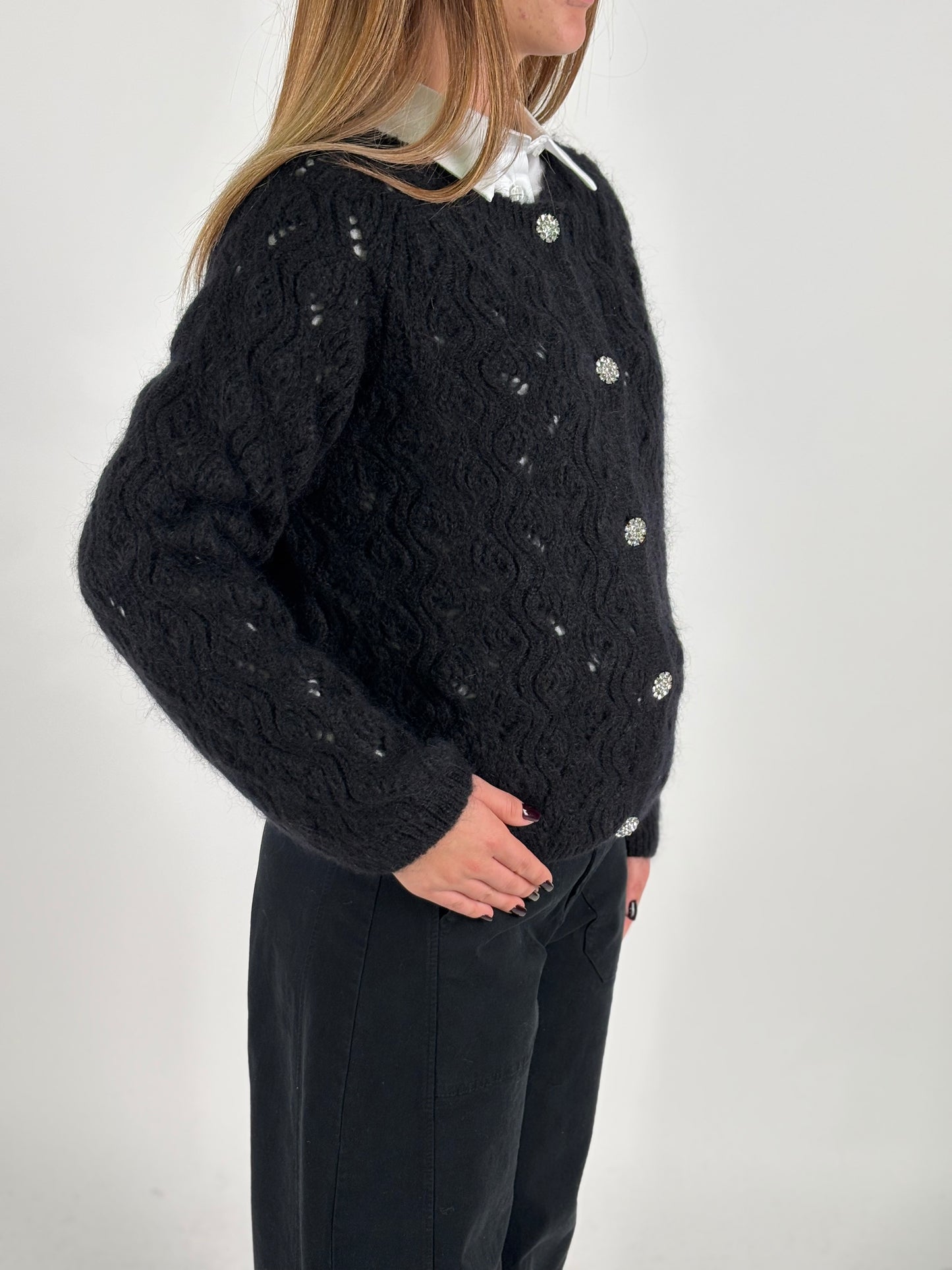 Eco Cardigan corto con bottoni gioiello NERO