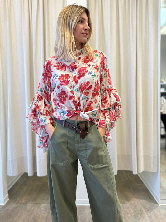 Susy Mix Camicia fant.floreale maniche con rouches BEIGE/ROSSO