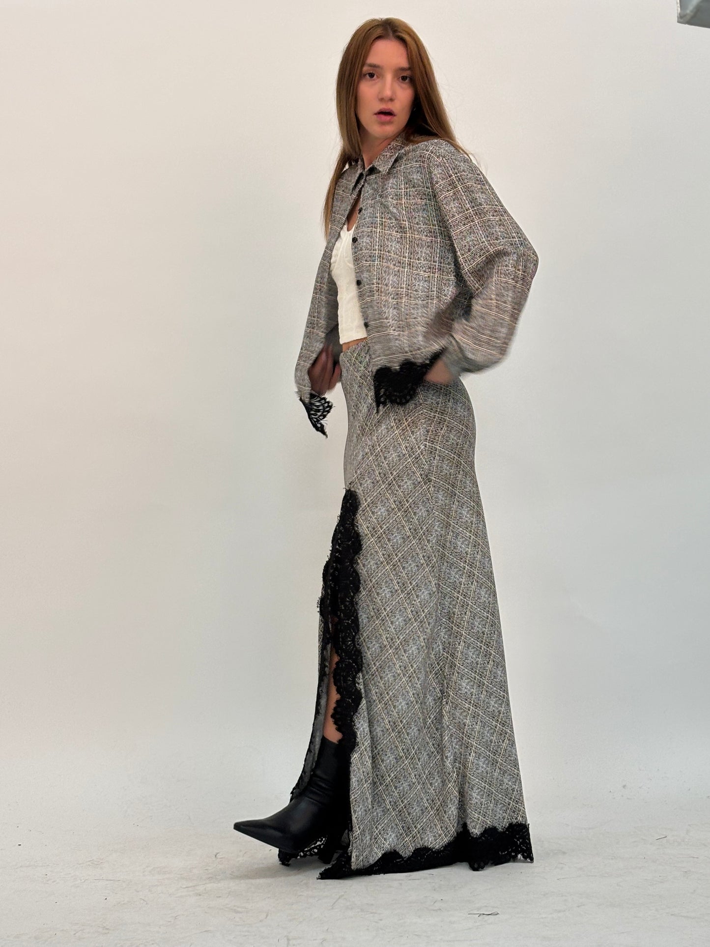 Haveone Camicia ml over con pizzo nero SCACCO NERO/BEIGE/PANNA